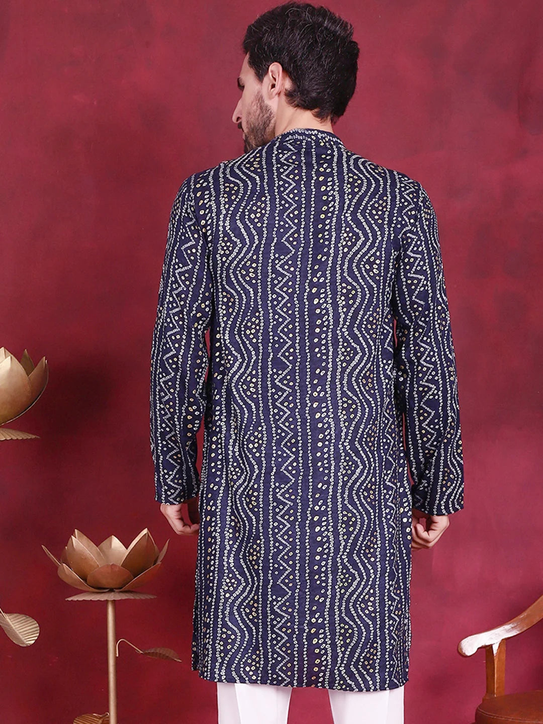 Navy Bandhani Printed Rayon Mens Kurta | Indian Kurta for Men