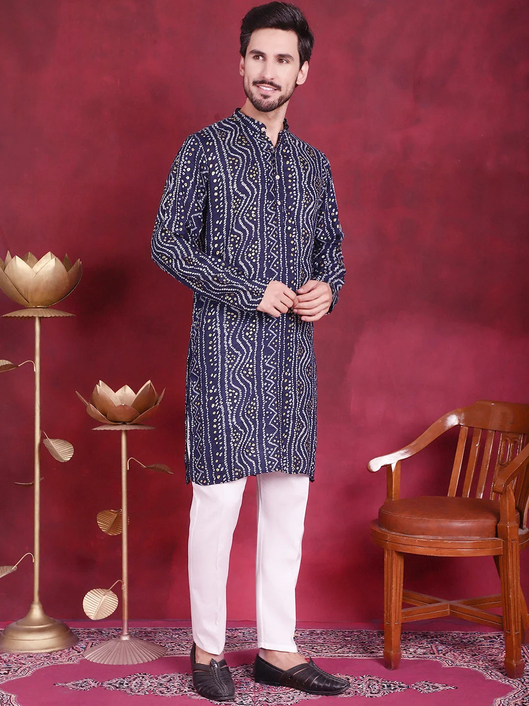Navy Bandhani Printed Rayon Mens Kurta | Indian Kurta for Men