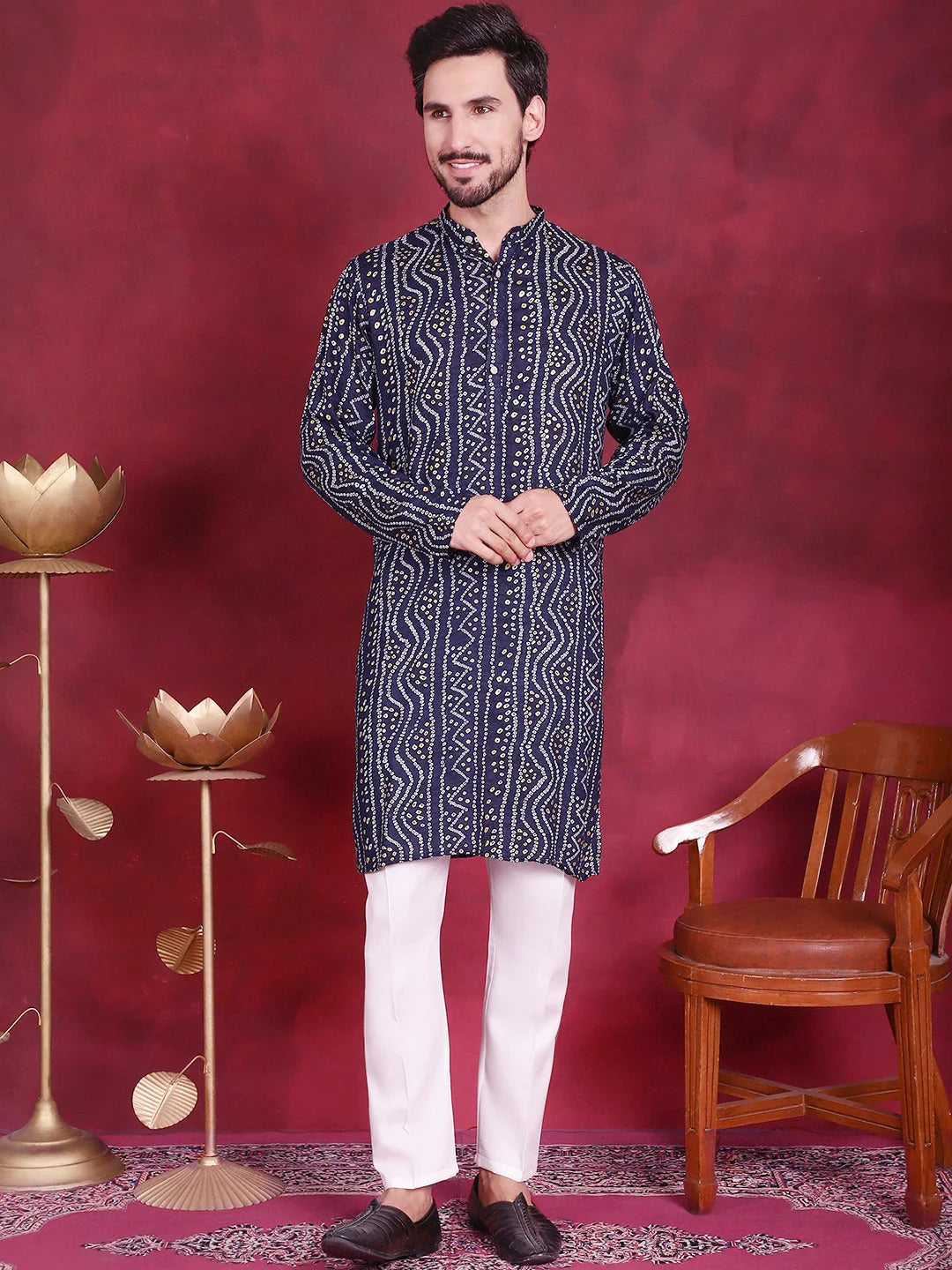 Navy Bandhani Printed Rayon Mens Kurta | Indian Kurta for Men