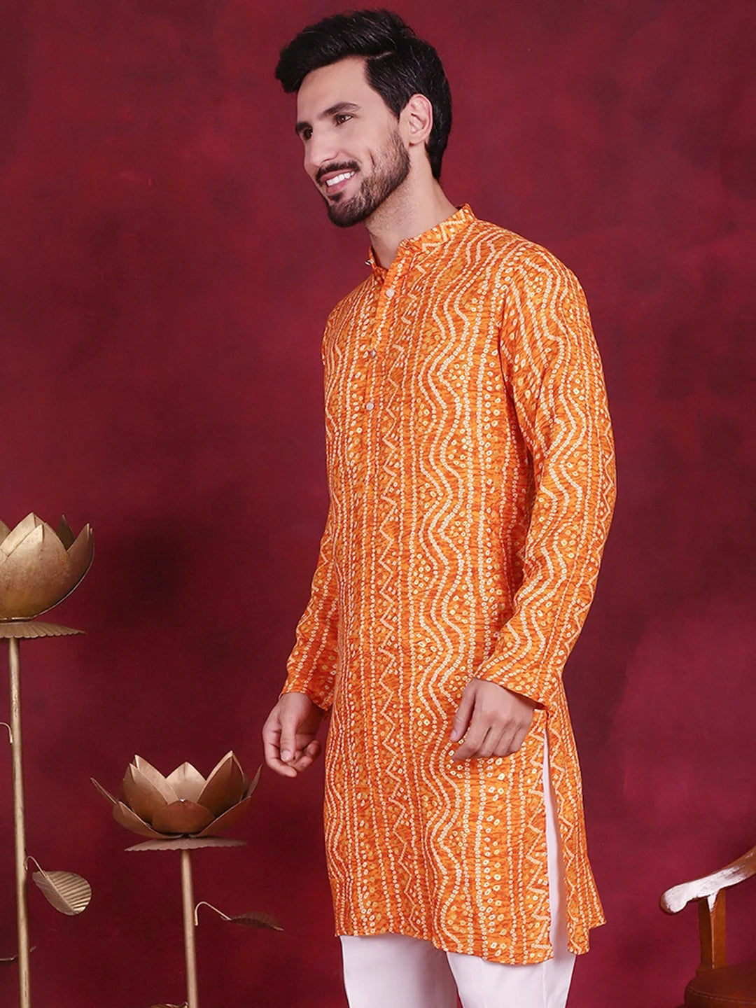 Orange Bandhani Men's Kurta - Indian Kurta for Men Online