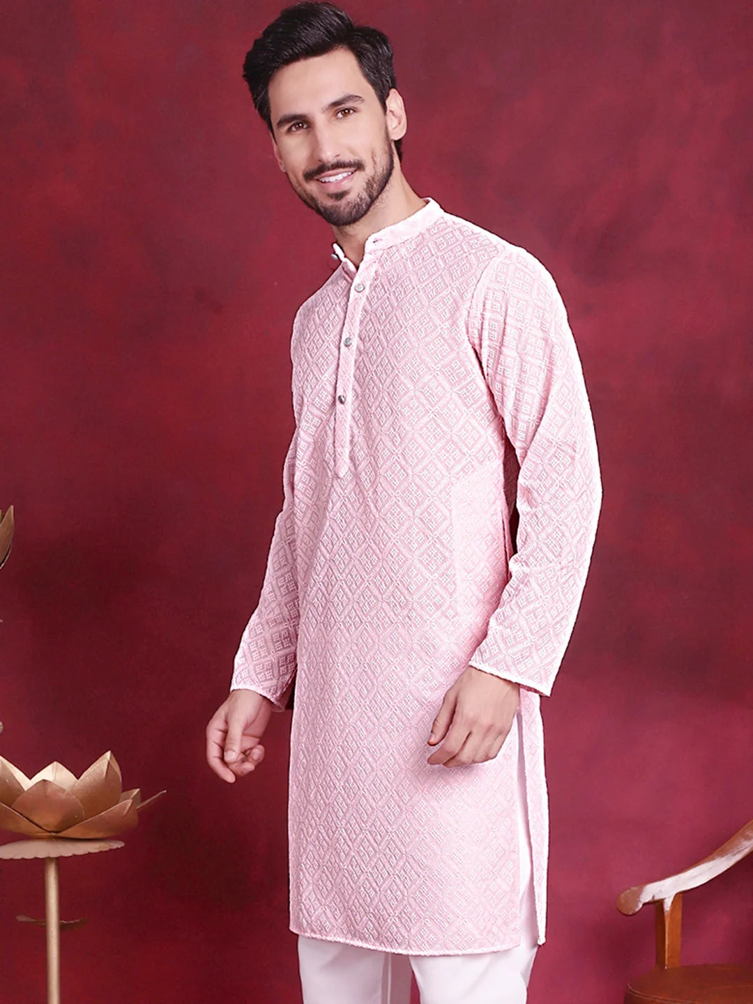 Pink Chikankari Men's Kurta - Stylish Indian Kurta for Men