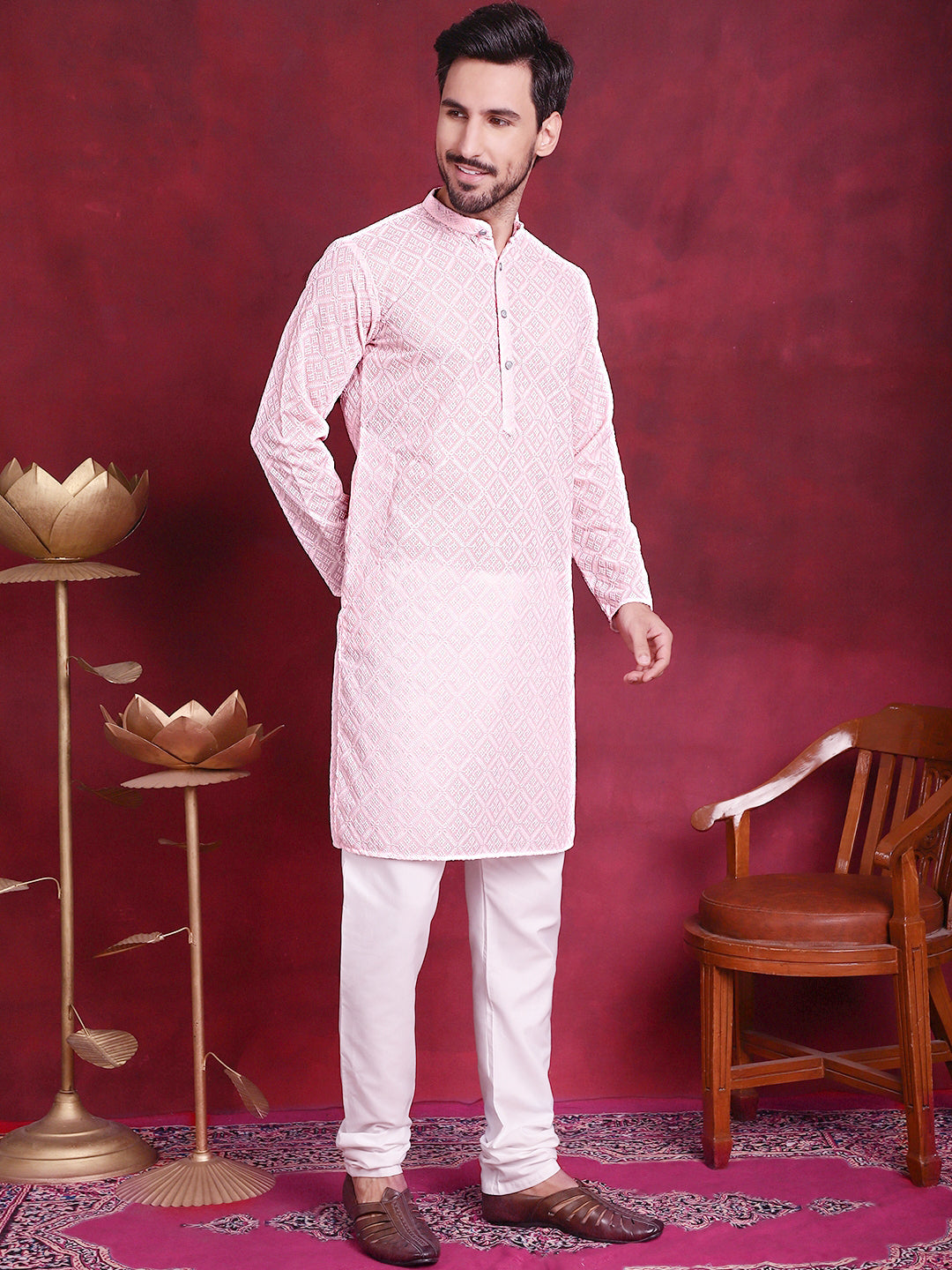 Pink Chikankari Men's Kurta - Stylish Indian Kurta for Men