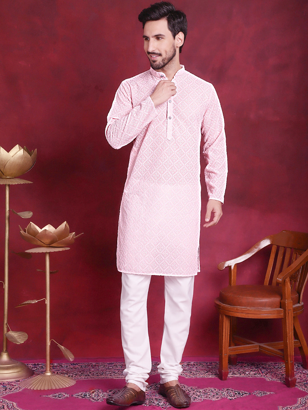 Pink Chikankari Men's Kurta - Stylish Indian Kurta for Men