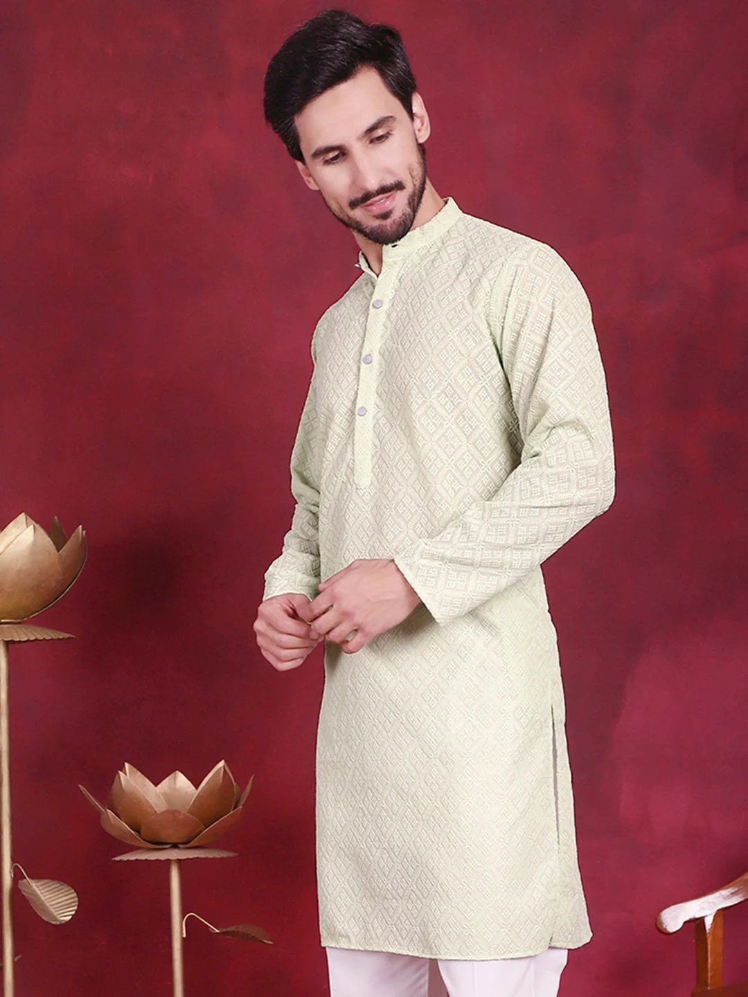 Pista Green Men's Kurta - Chikankari Indian Kurta for Men