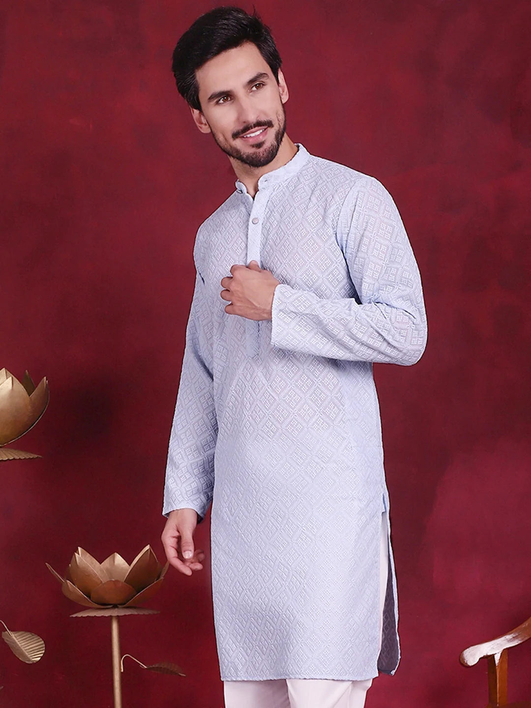 Sky Blue Men's Kurta - Chikankari Indian Kurta for Men