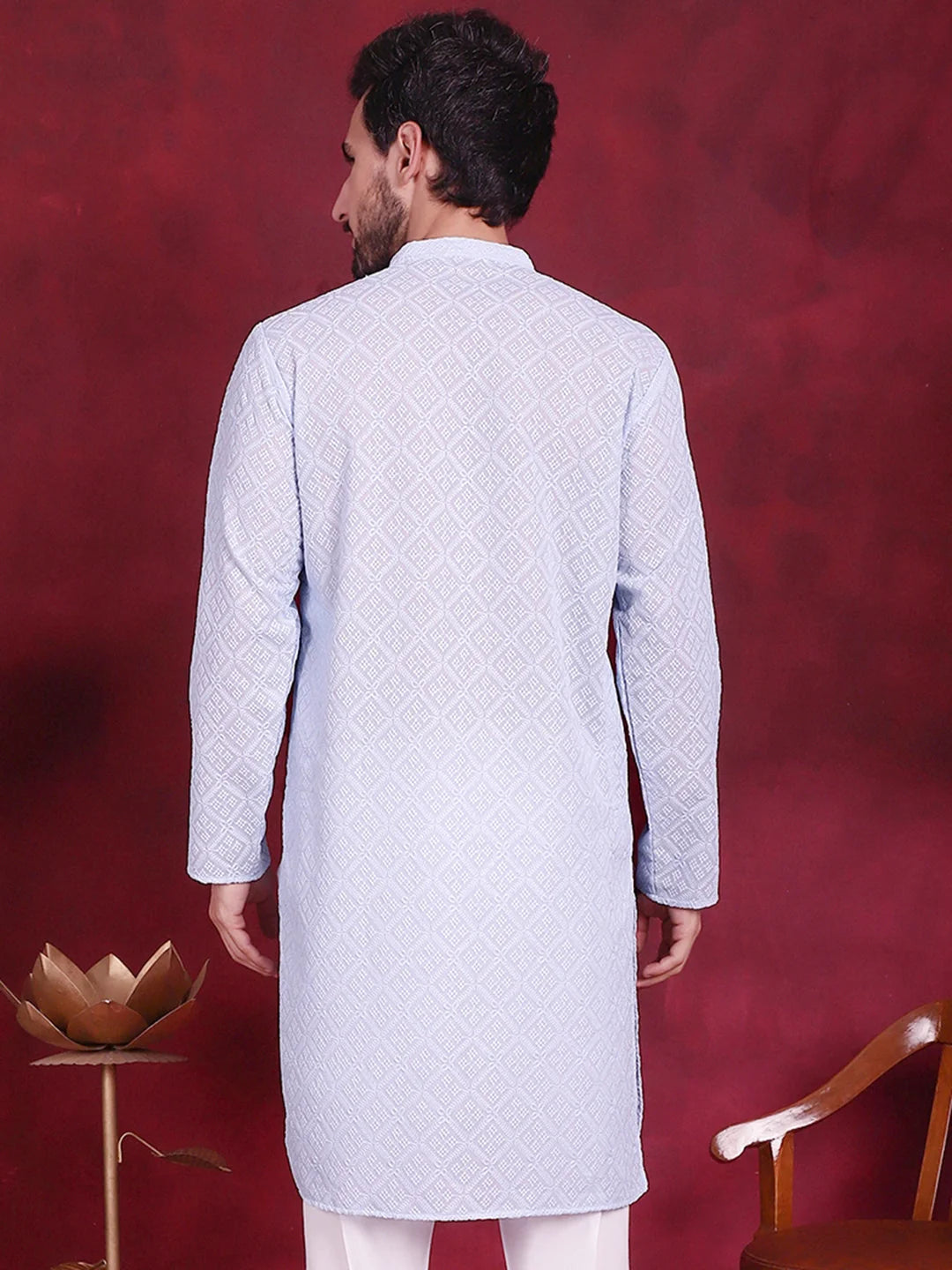 Sky Blue Men's Kurta - Chikankari Indian Kurta for Men