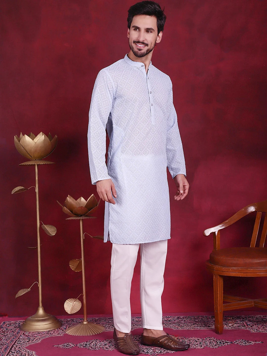 Sky Blue Men's Kurta - Chikankari Indian Kurta for Men