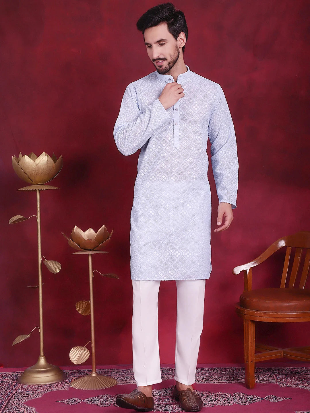Sky Blue Men's Kurta - Chikankari Indian Kurta for Men