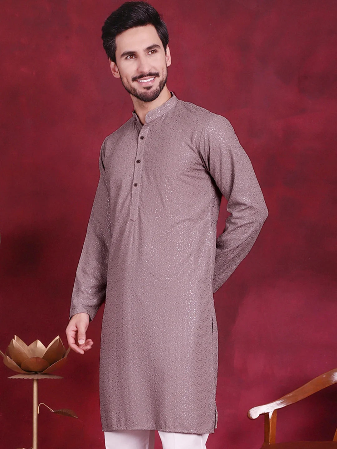 Grey Sequin Chikankari Indian Kurta for Men | Mens Kurta