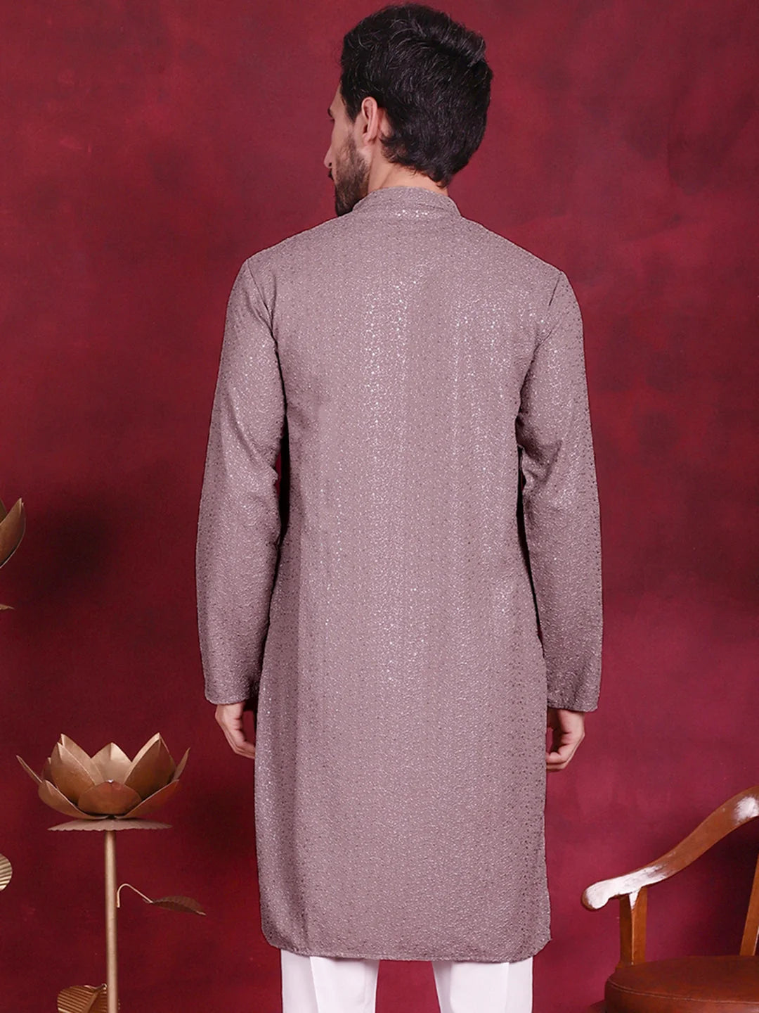 Grey Sequin Chikankari Indian Kurta for Men | Mens Kurta