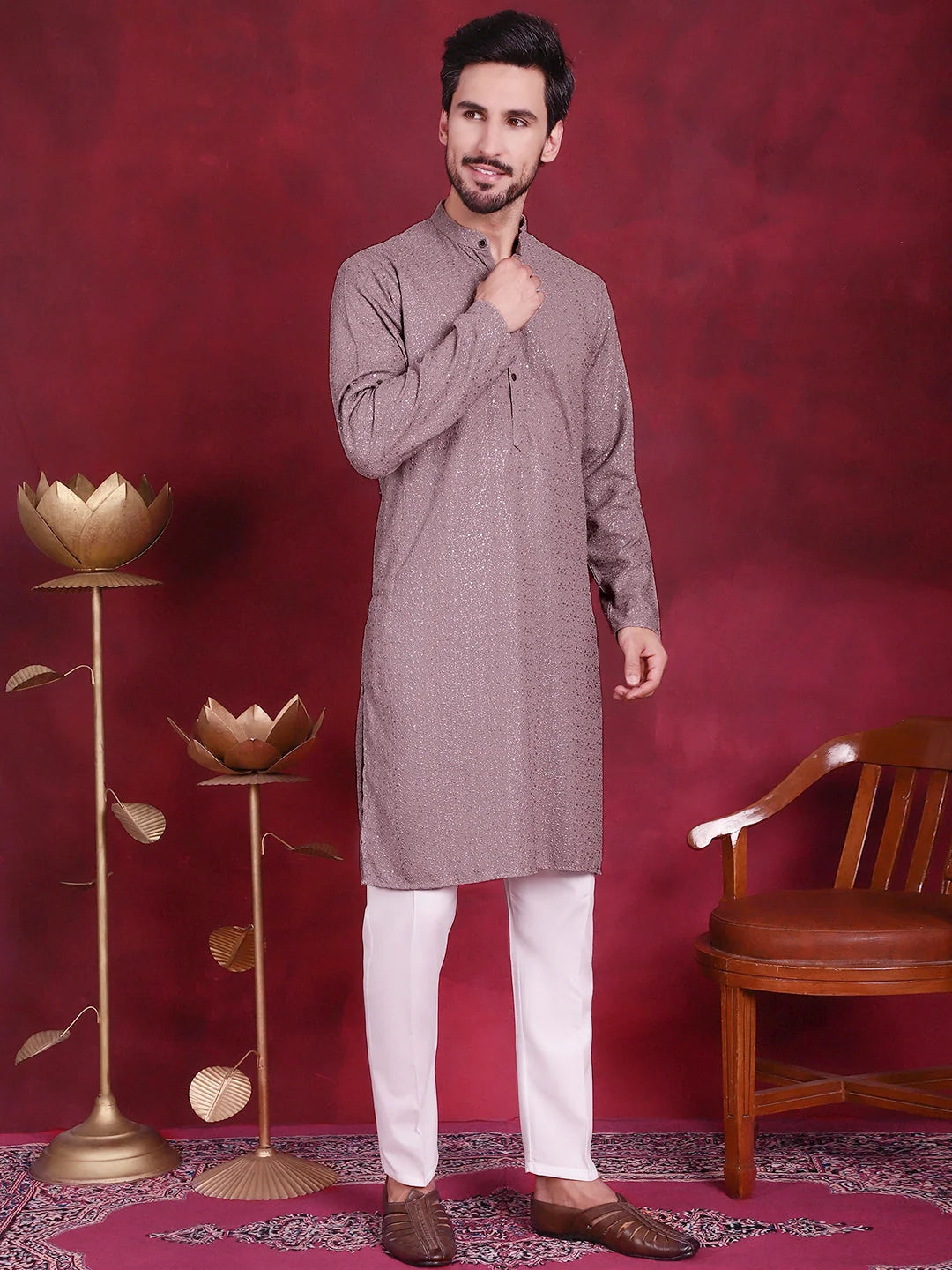 Grey Sequin Chikankari Indian Kurta for Men | Mens Kurta