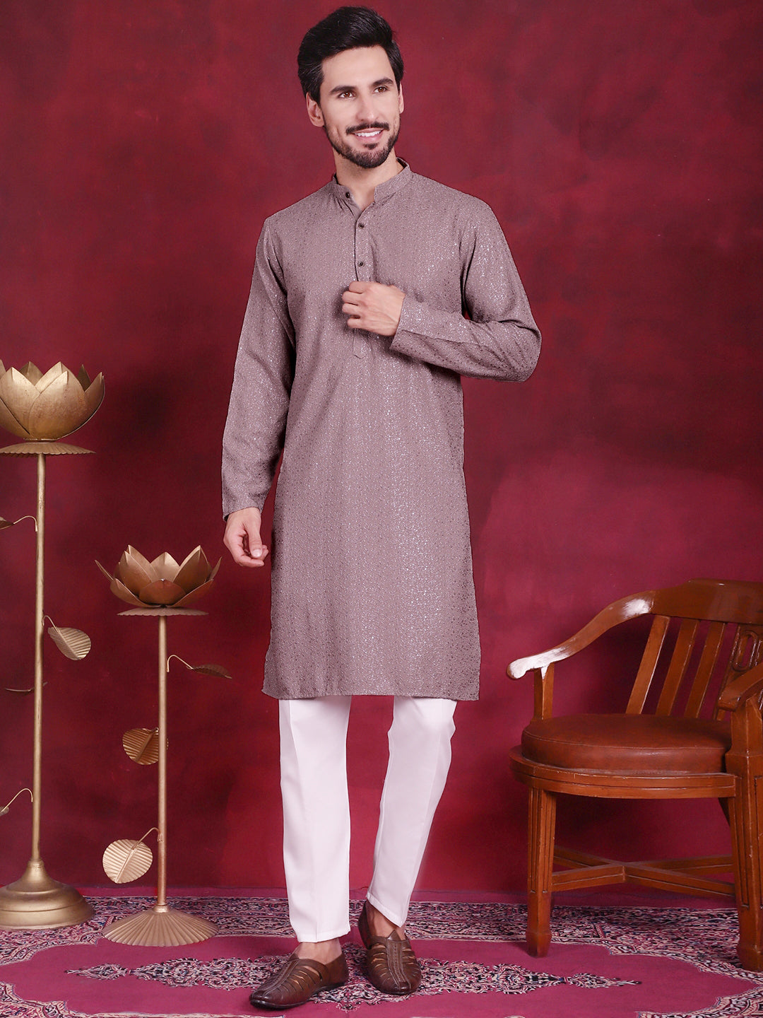 Grey Sequin Chikankari Indian Kurta for Men | Mens Kurta