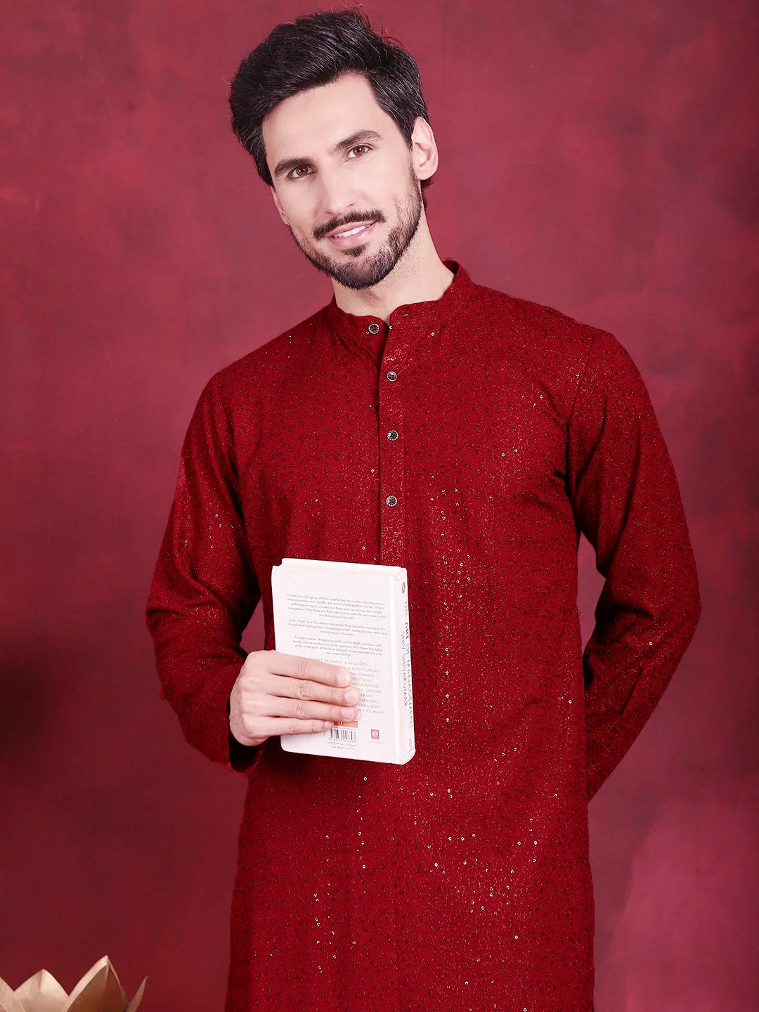 Maroon Sequin Chikankari Mens Kurta | Silk Kurta for Men Style