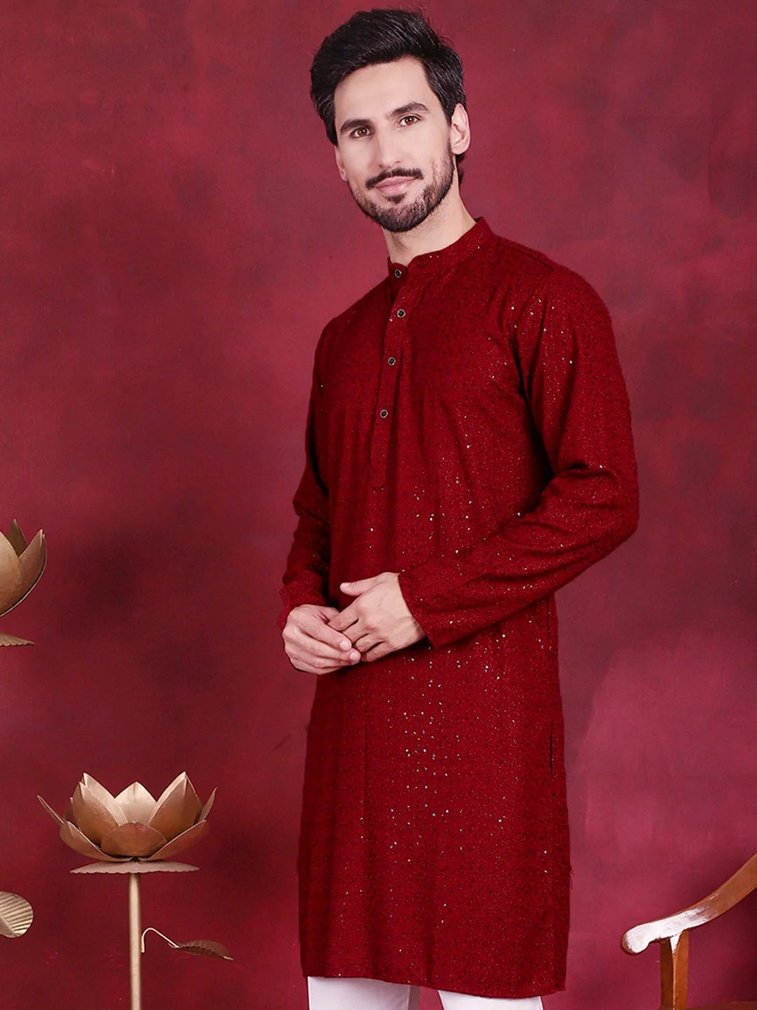 Maroon Sequin Chikankari Mens Kurta | Silk Kurta for Men Style