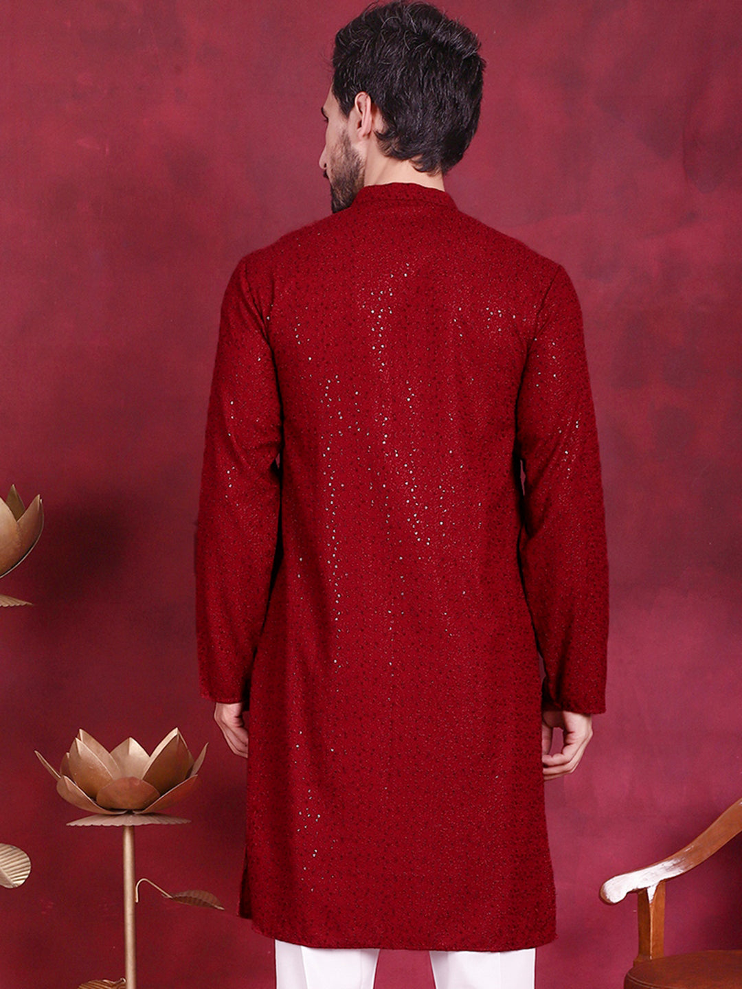 Maroon Sequin Chikankari Mens Kurta | Silk Kurta for Men Style
