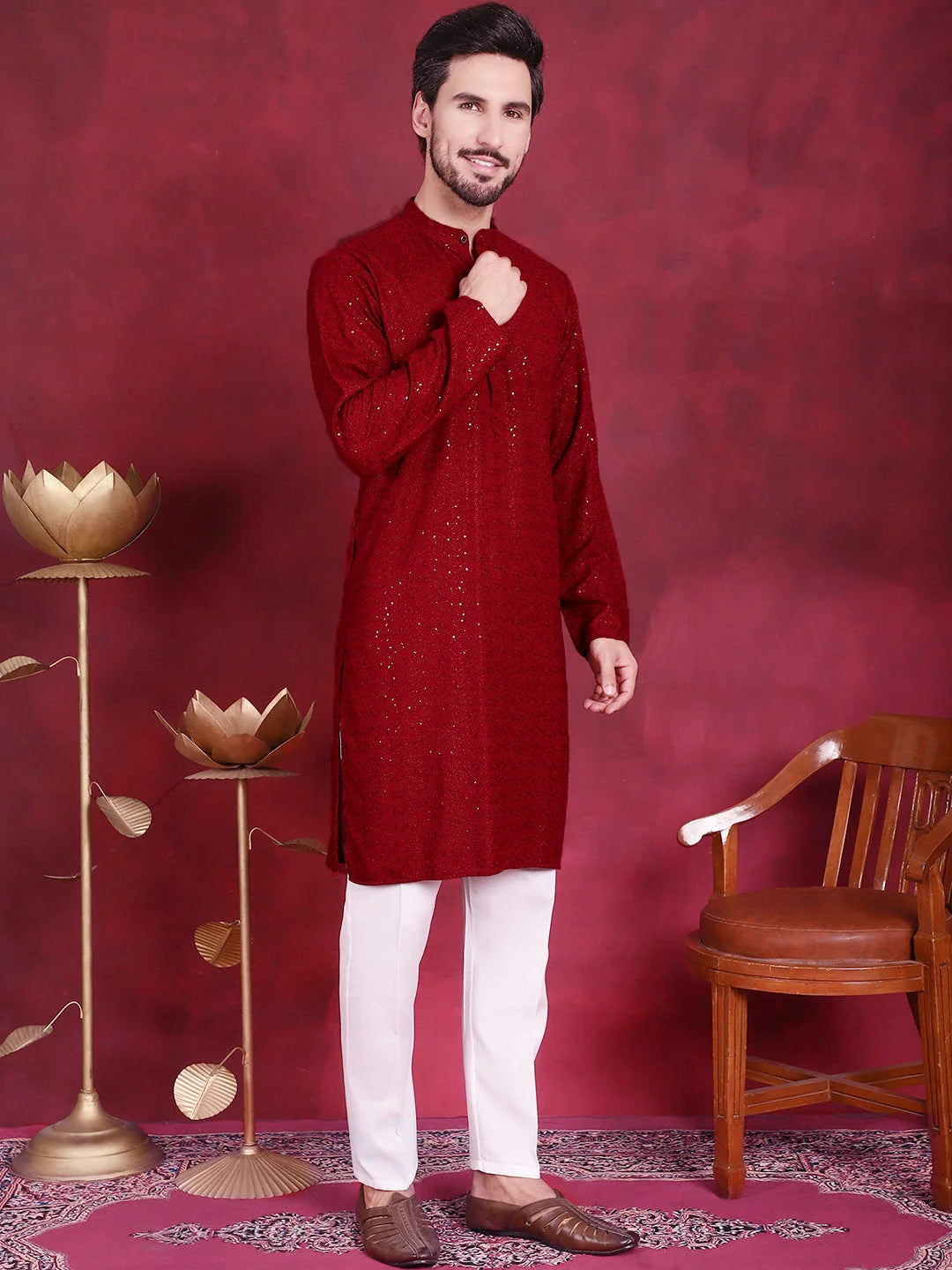 Maroon Sequin Chikankari Mens Kurta | Silk Kurta for Men Style