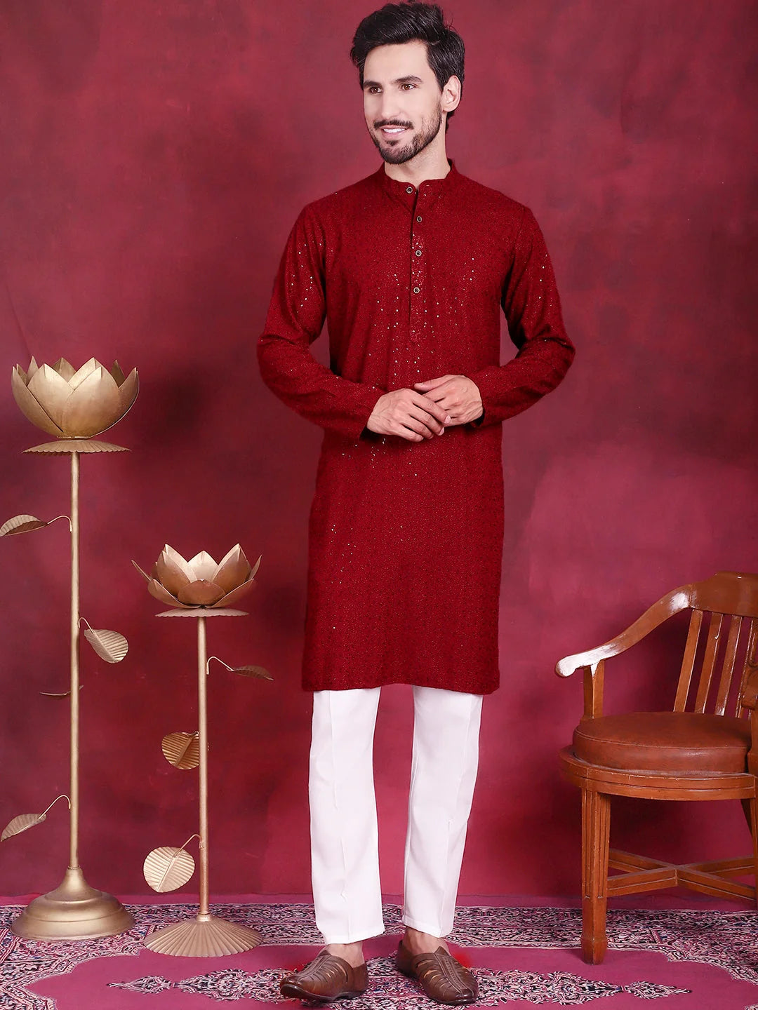 Maroon Sequin Chikankari Mens Kurta | Silk Kurta for Men Style