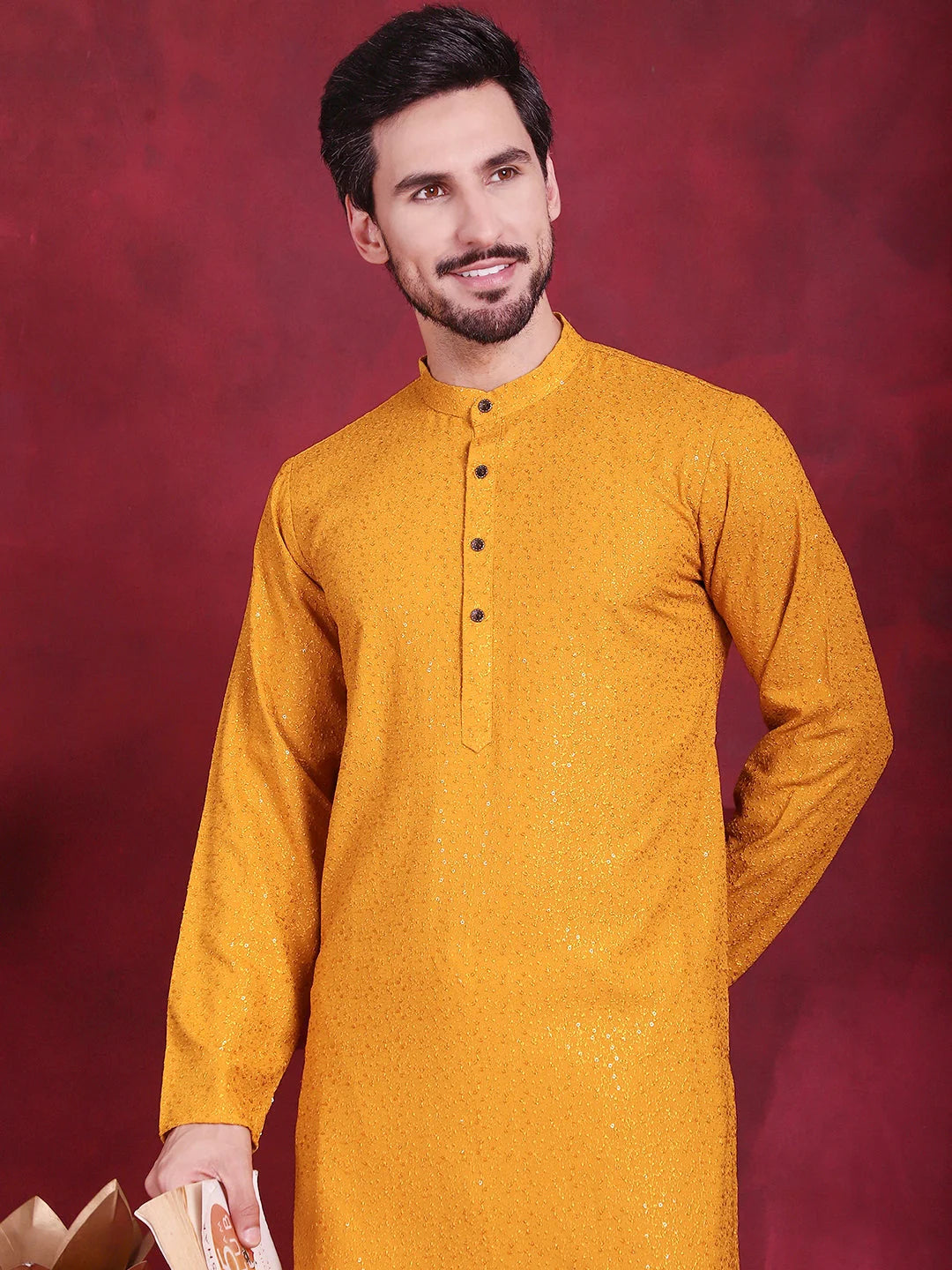 Mustard Sequin Chikankari Mens Kurta | Wedding Kurta for Men