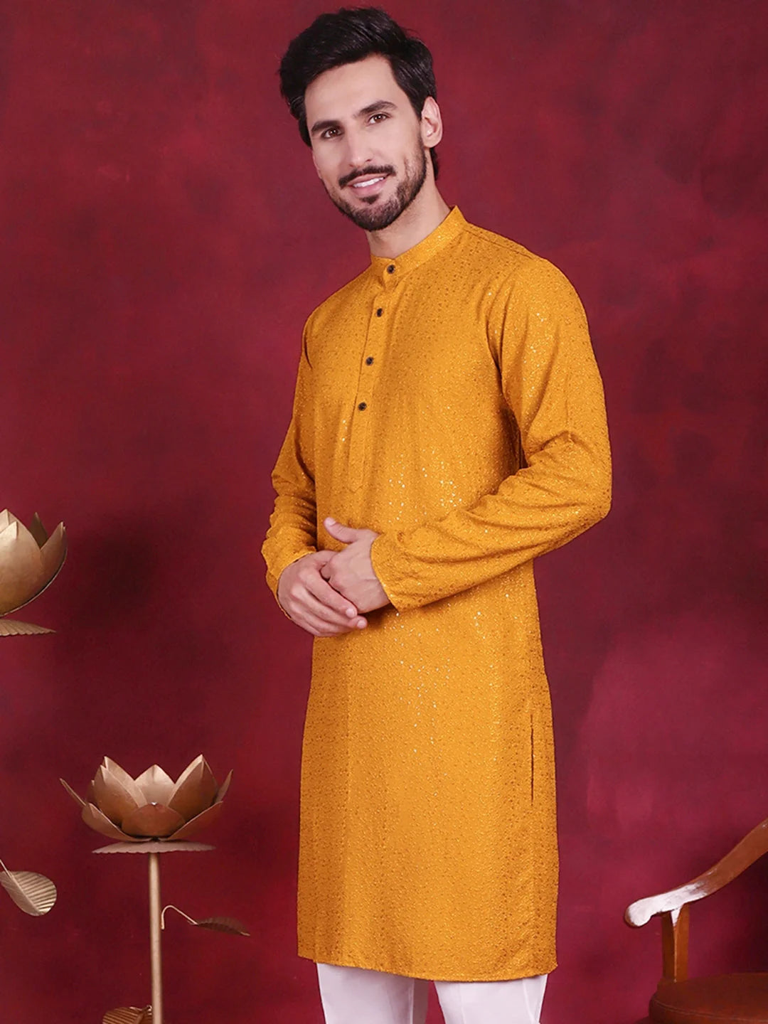 Mustard Sequin Chikankari Mens Kurta | Wedding Kurta for Men