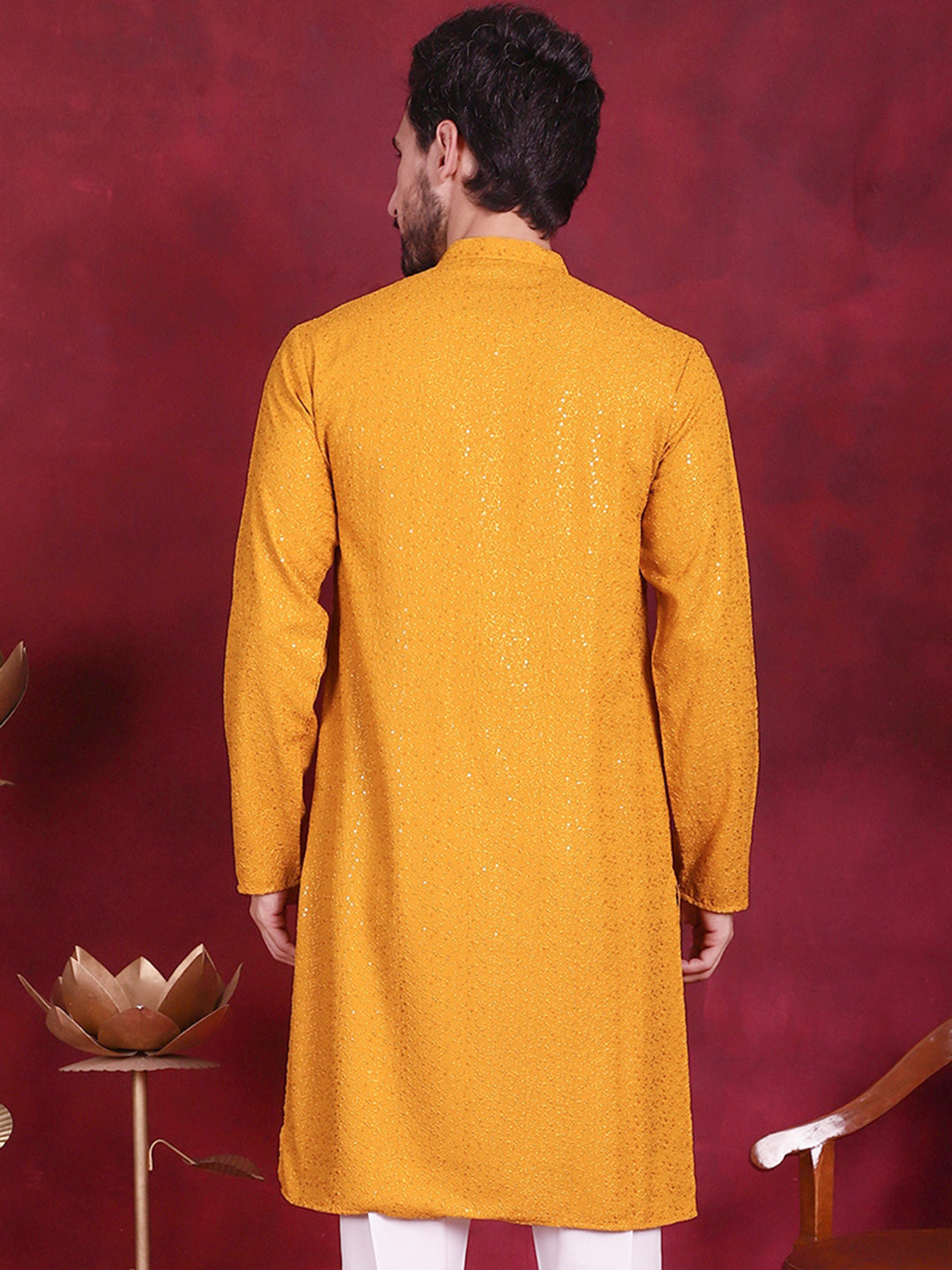 Mustard Sequin Chikankari Mens Kurta | Wedding Kurta for Men