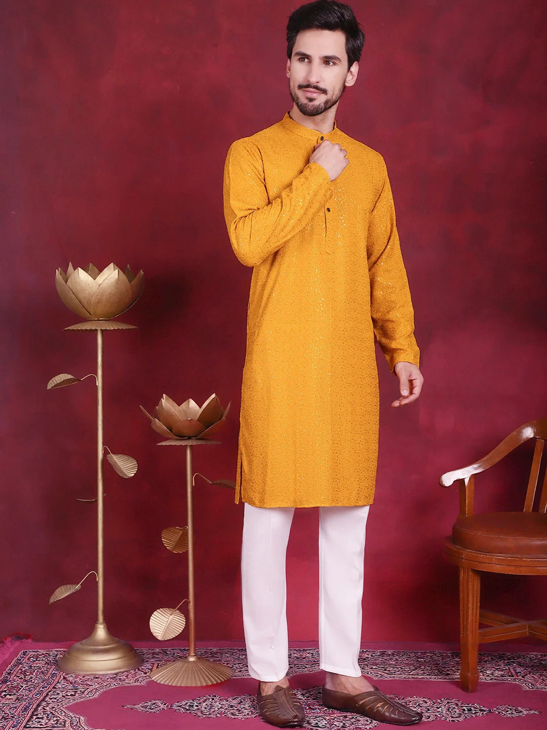 Mustard Sequin Chikankari Mens Kurta | Wedding Kurta for Men