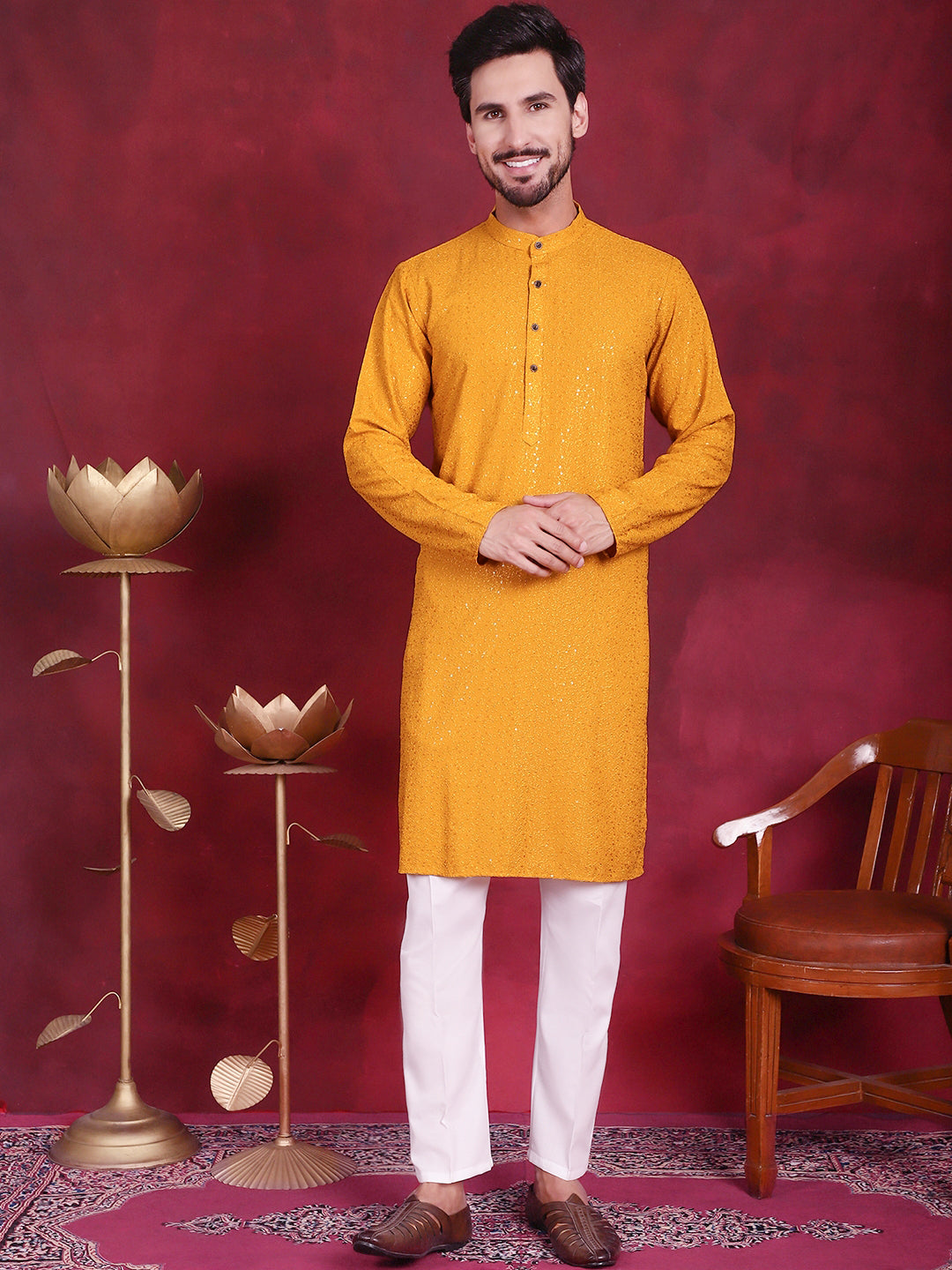 Mustard Sequin Chikankari Mens Kurta | Wedding Kurta for Men