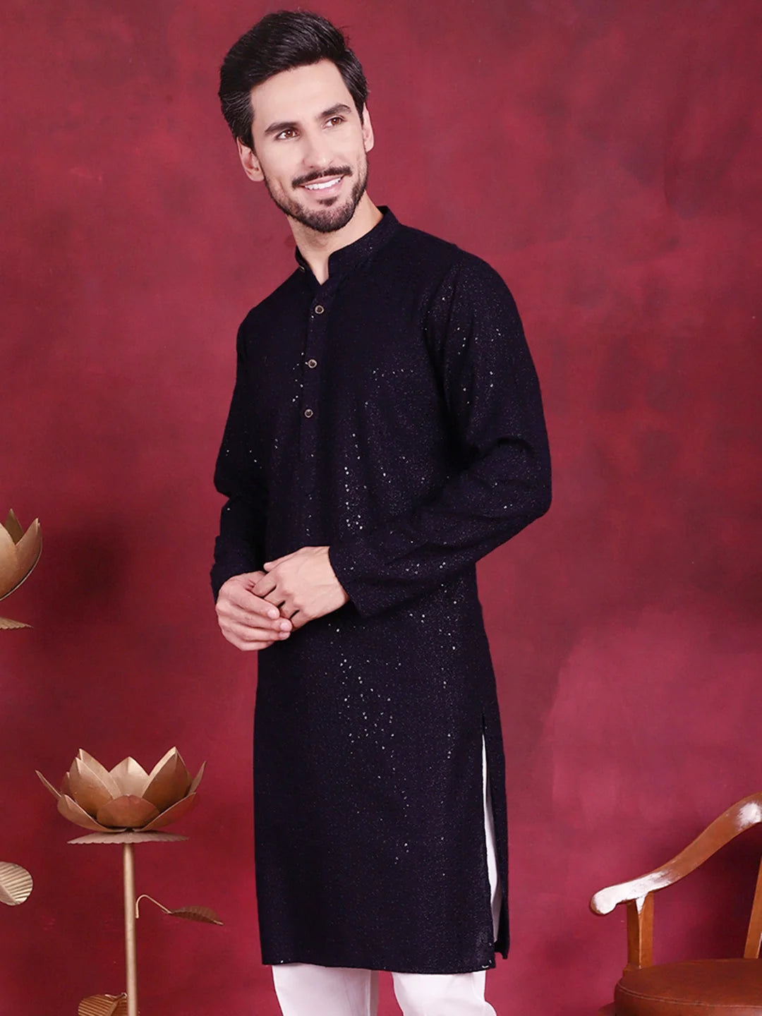 Navy Sequin Chikankari Mens Kurta | Short Kurta for Men Online