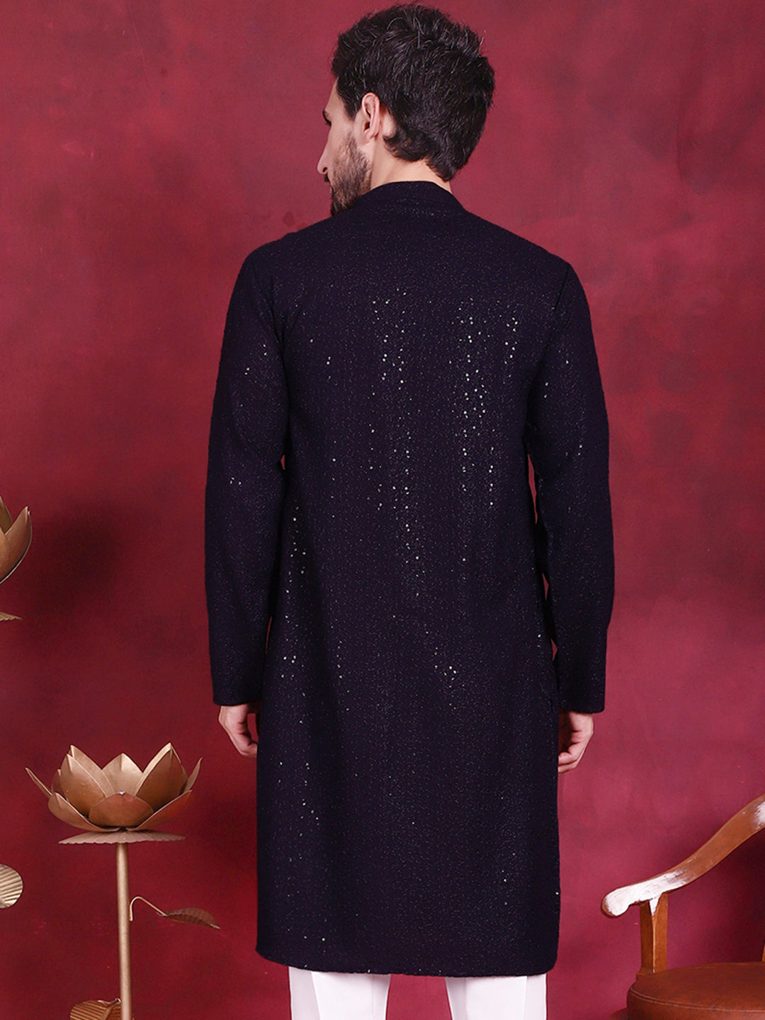 Navy Sequin Chikankari Mens Kurta | Short Kurta for Men Online