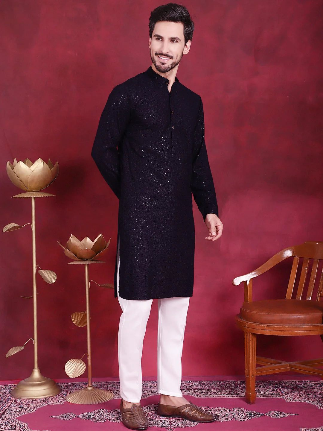 Navy Sequin Chikankari Mens Kurta | Short Kurta for Men Online