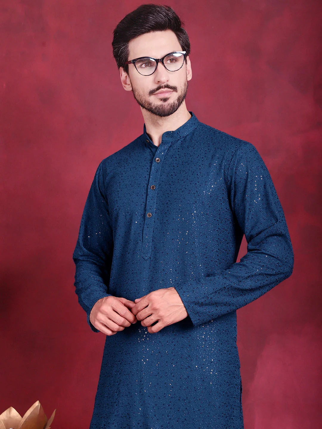 Peacock Sequin Chikankari Indian Kurta for Men | Ethnic Wear