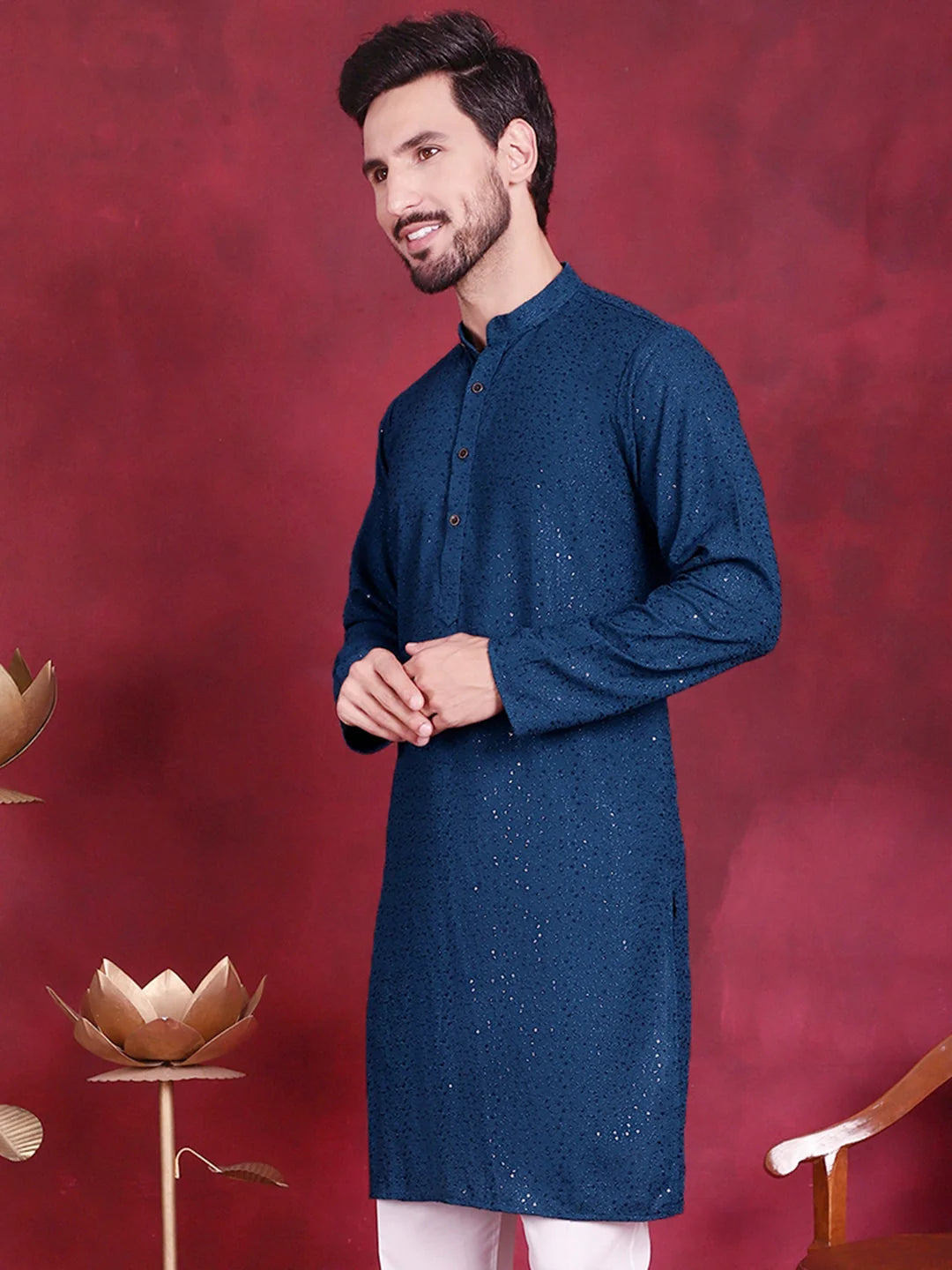 Peacock Sequin Chikankari Indian Kurta for Men | Ethnic Wear