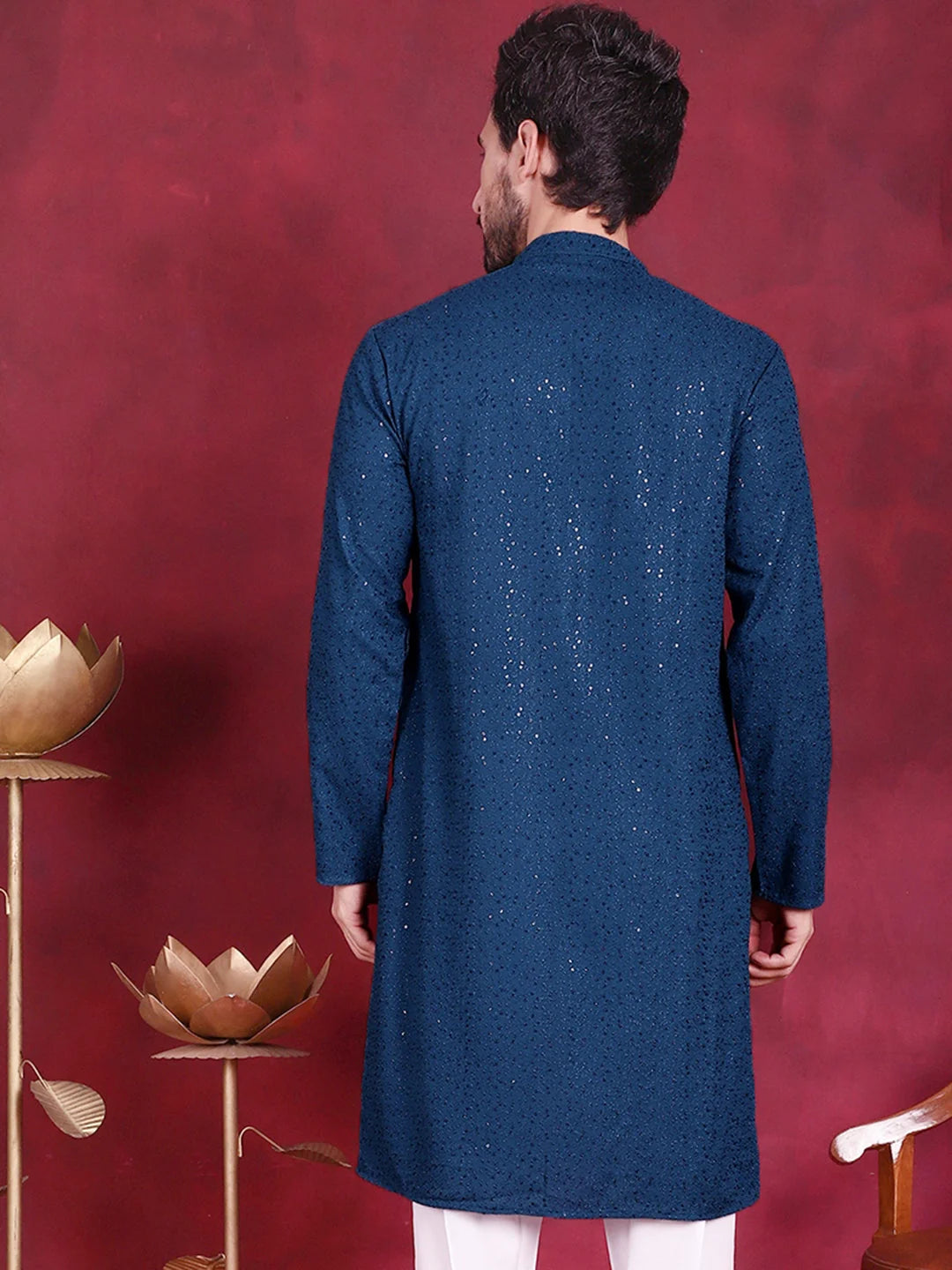 Peacock Sequin Chikankari Indian Kurta for Men | Ethnic Wear