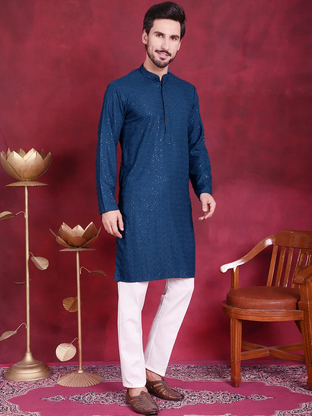 Peacock Sequin Chikankari Indian Kurta for Men | Ethnic Wear
