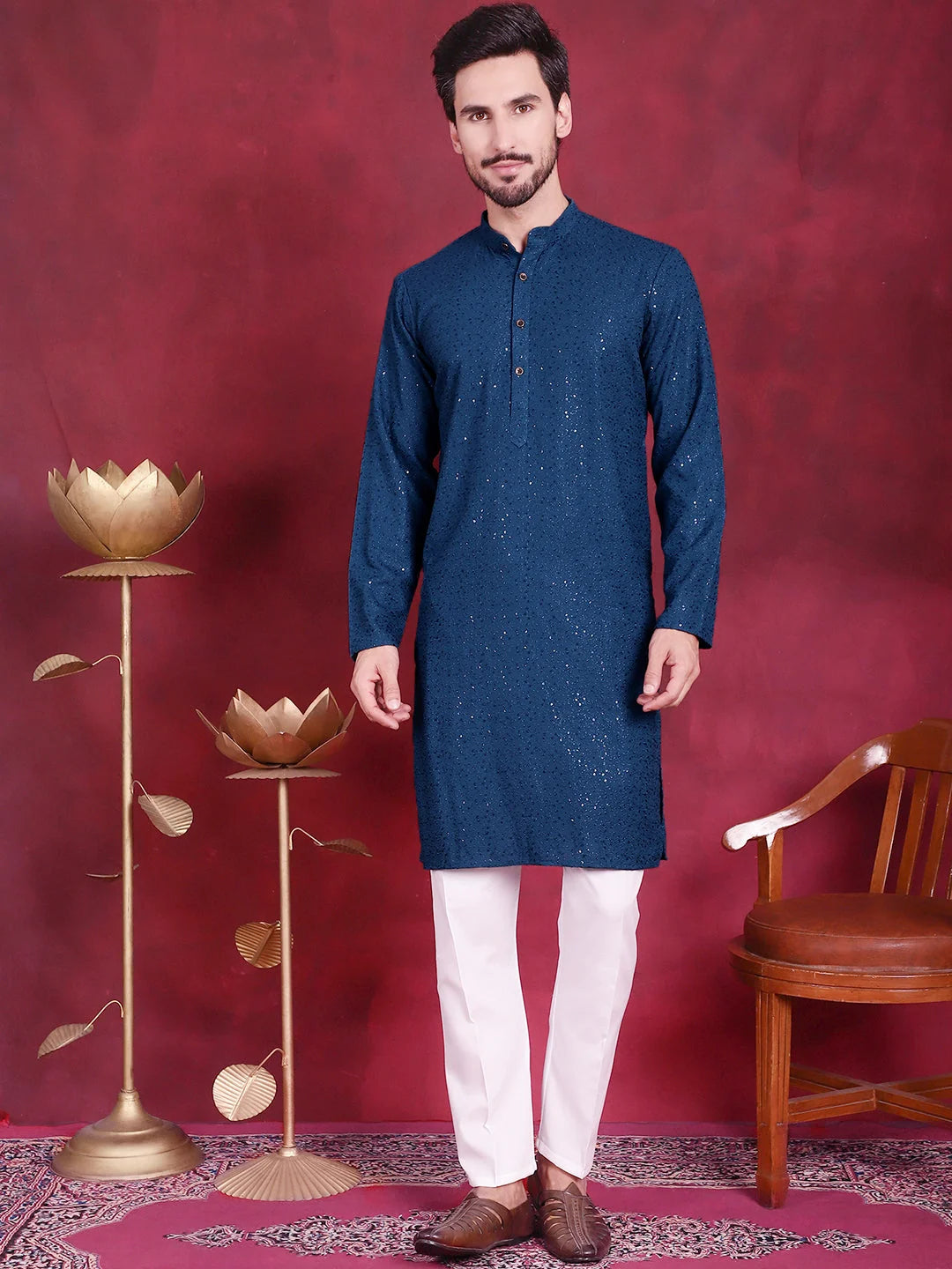Peacock Sequin Chikankari Indian Kurta for Men | Ethnic Wear
