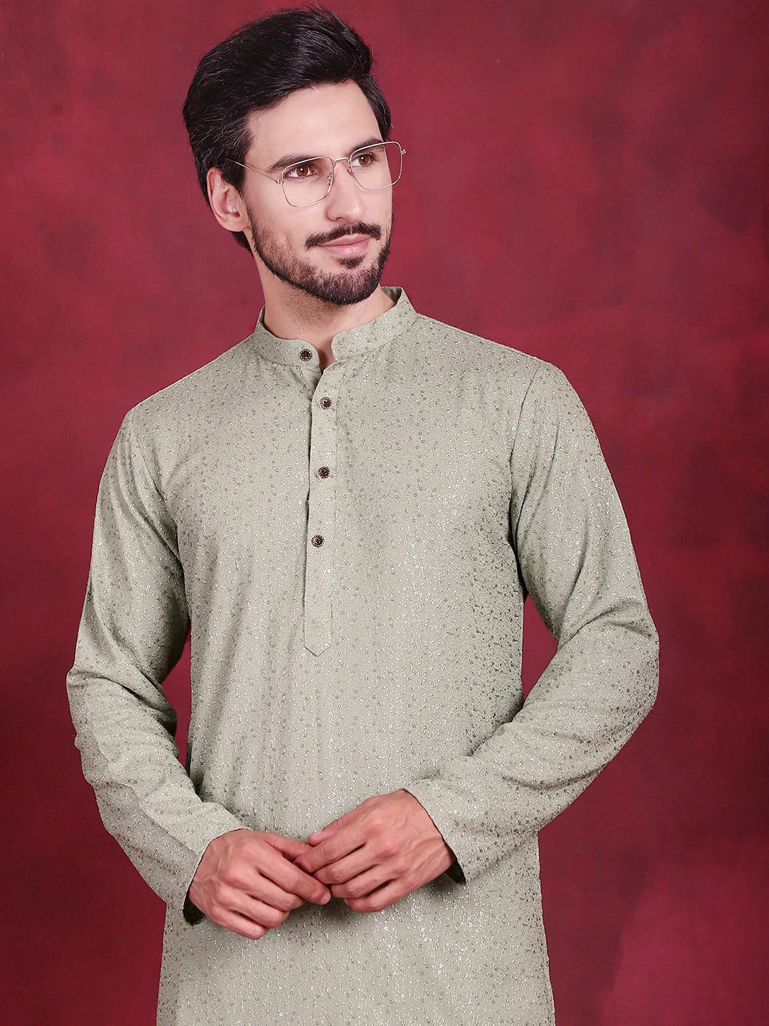 Chikankari Kurta for Men: Sequins Pista Indian Kurta