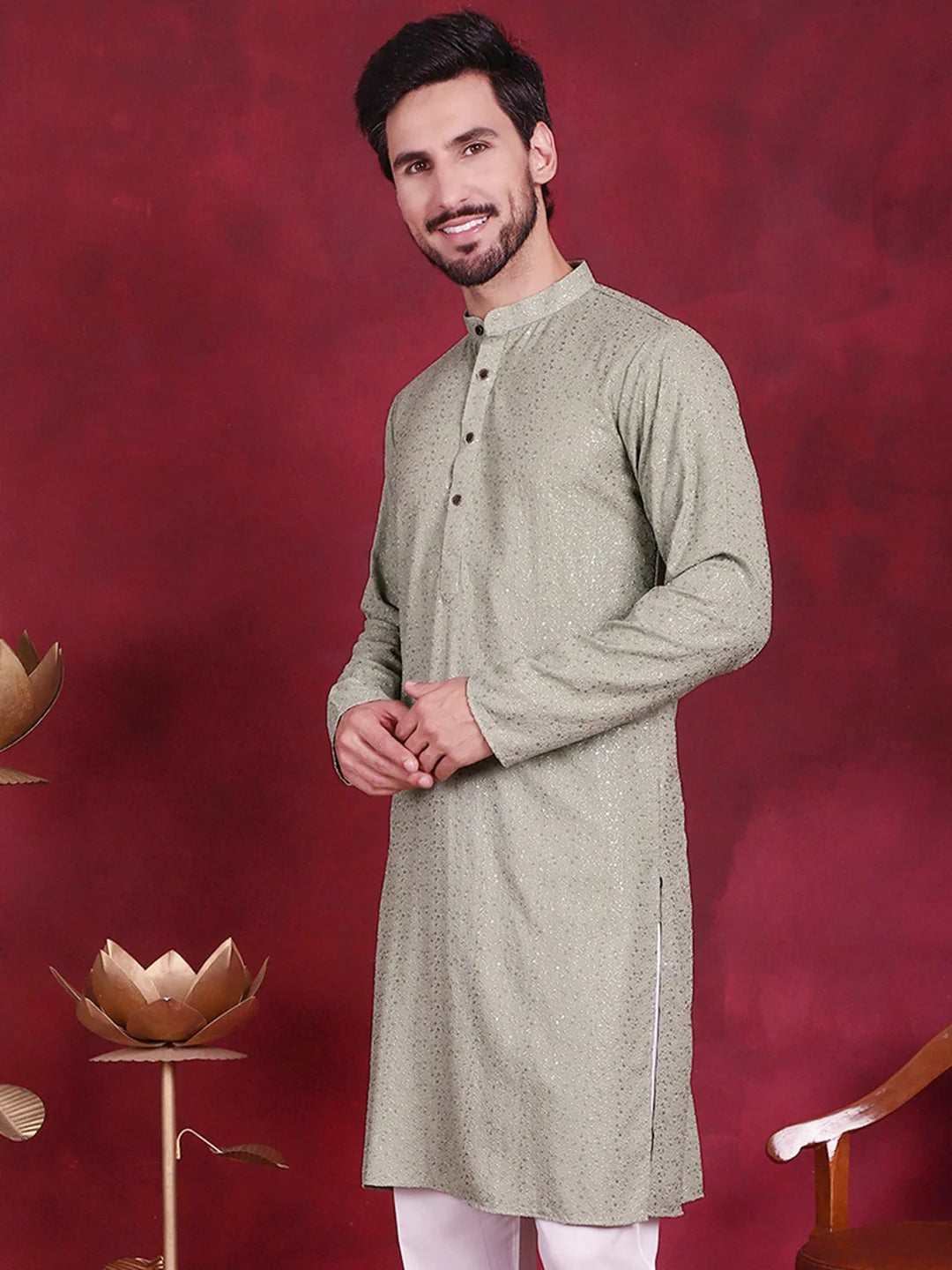 Chikankari Kurta for Men: Sequins Pista Indian Kurta