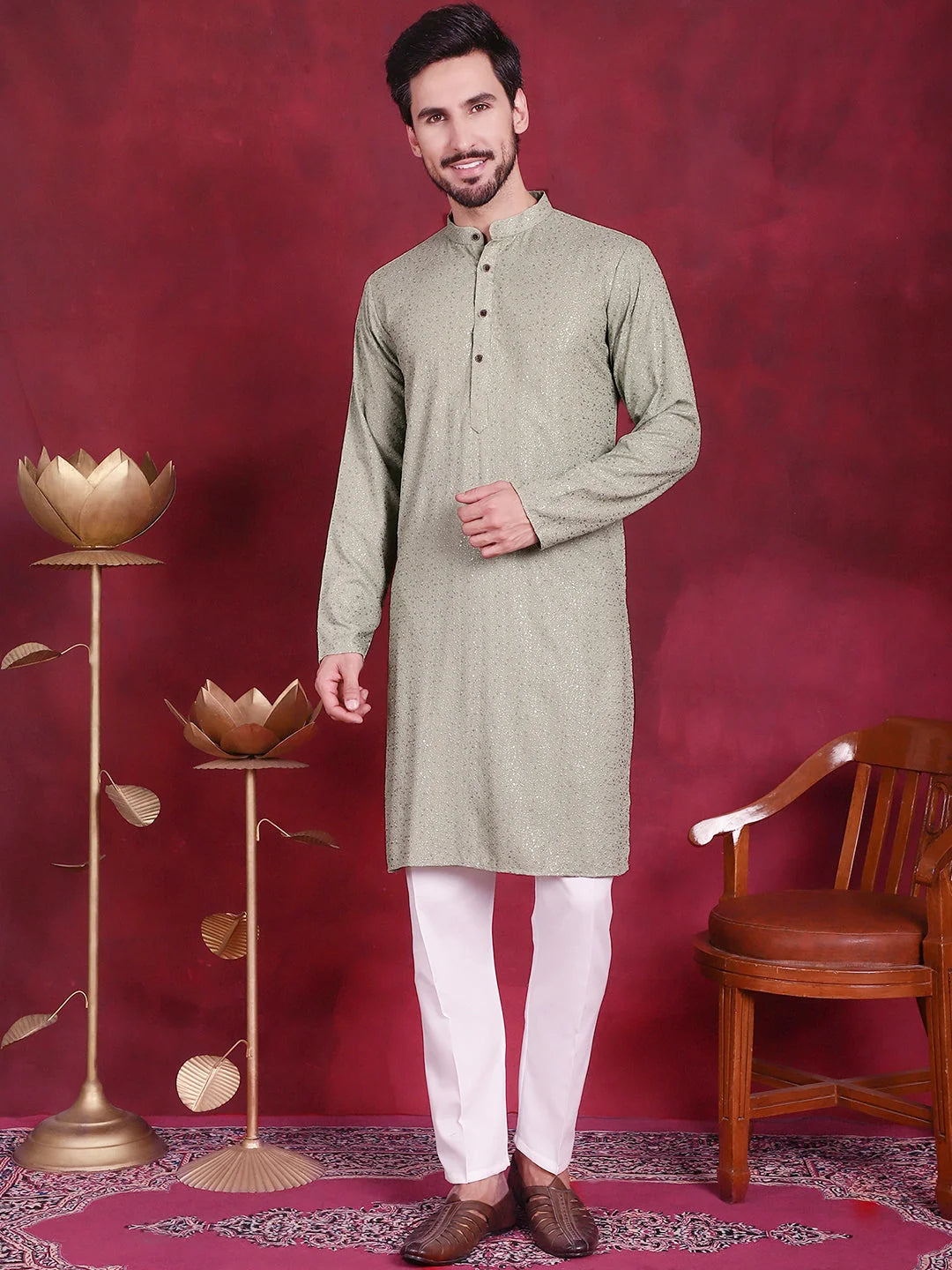 Chikankari Kurta for Men: Sequins Pista Indian Kurta