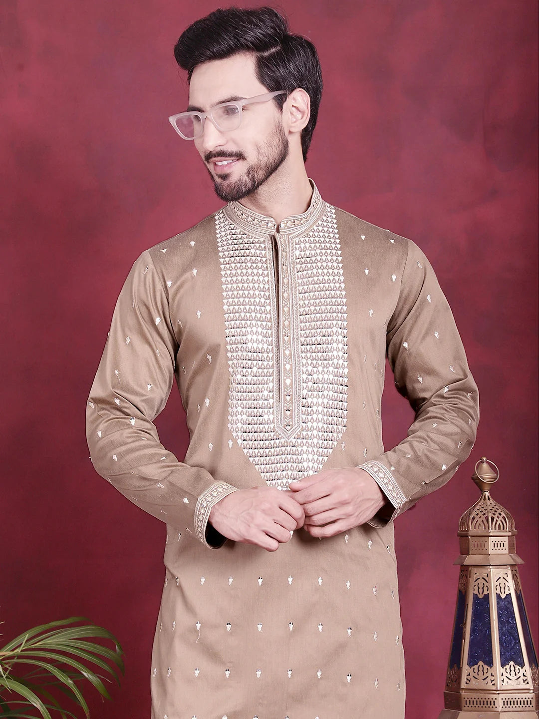 Beige Men's Kurta: Sequins Embroidered Indian Kurta for Men