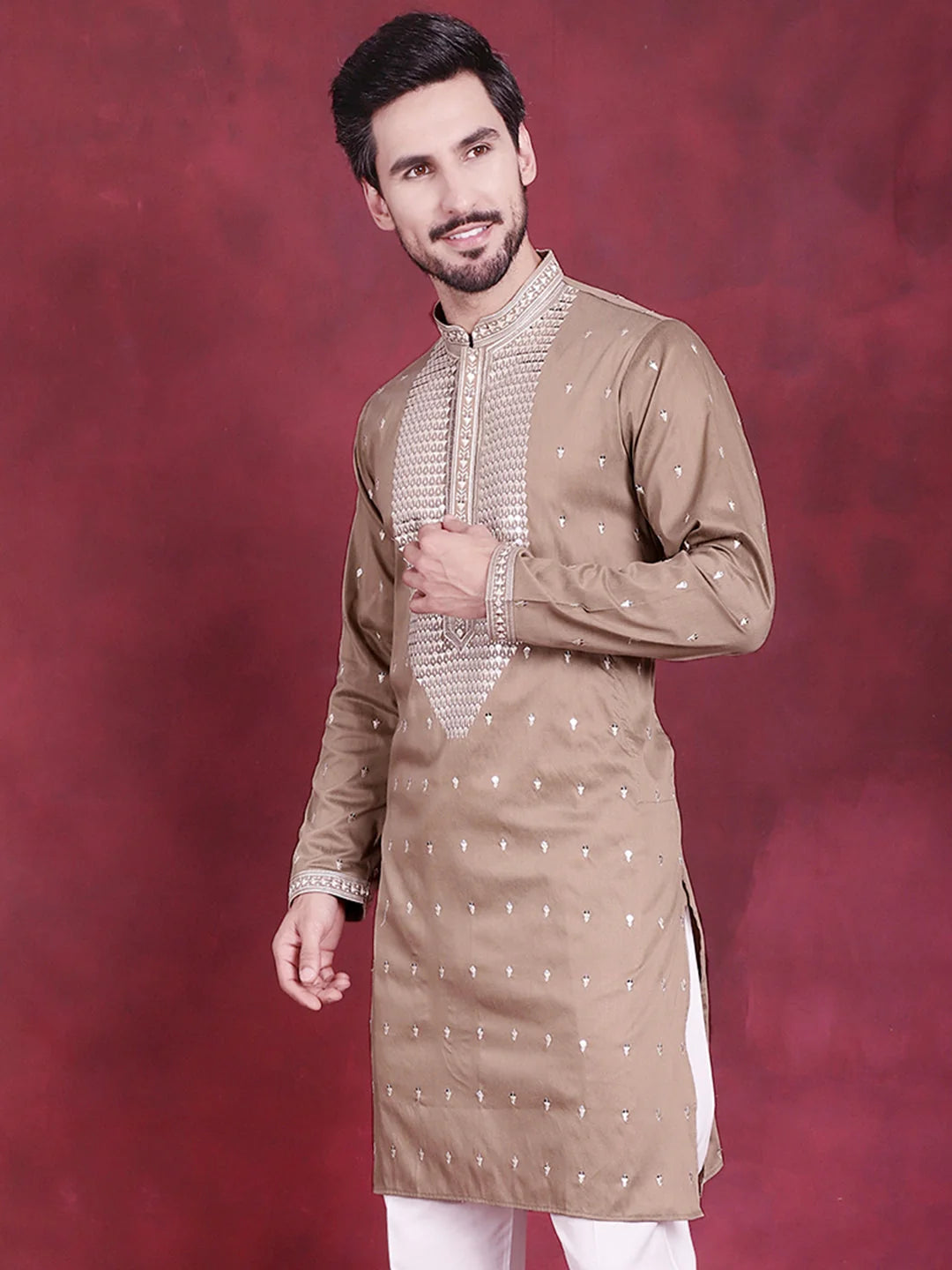Beige Men's Kurta: Sequins Embroidered Indian Kurta for Men
