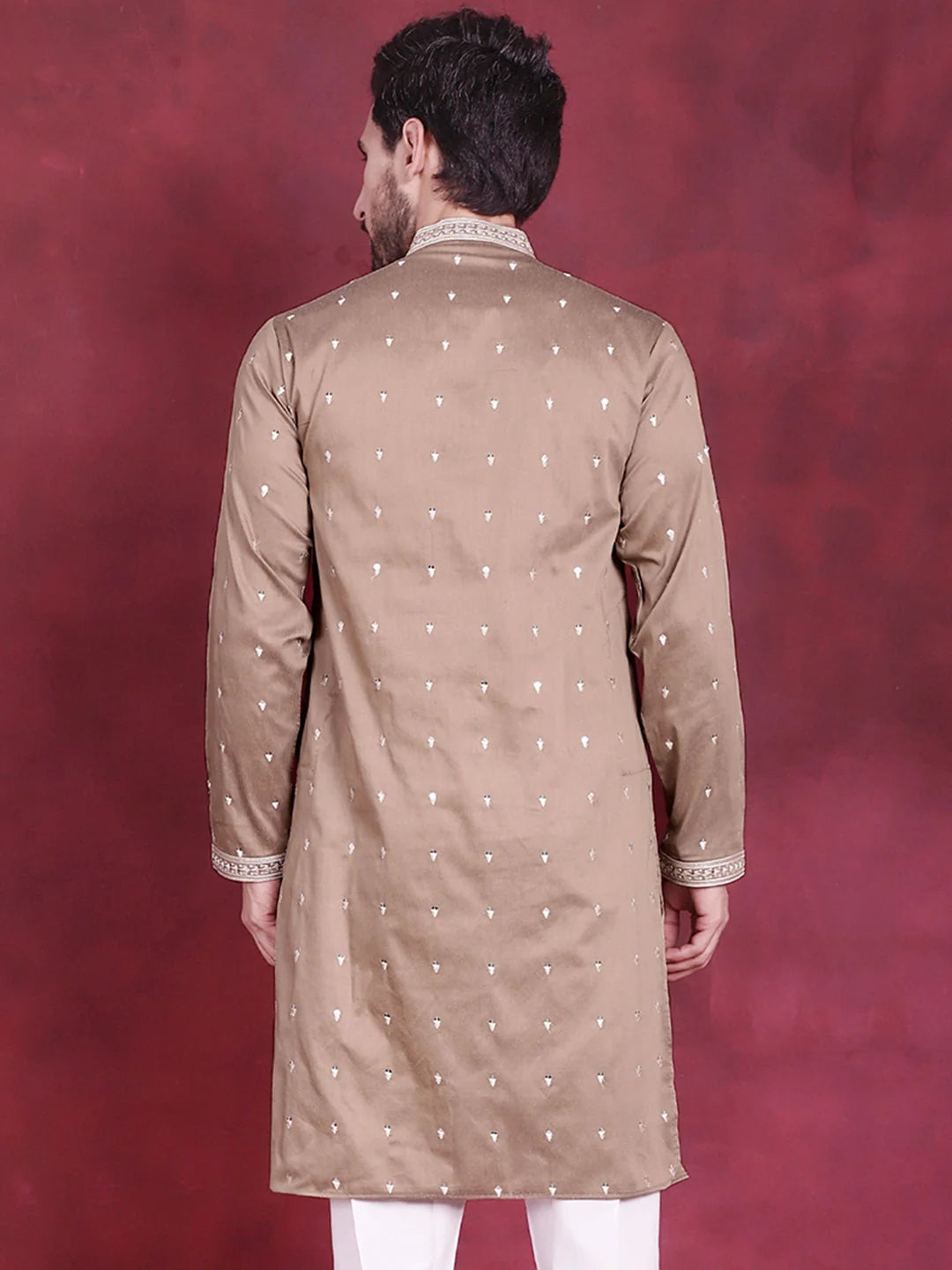 Beige Men's Kurta: Sequins Embroidered Indian Kurta for Men