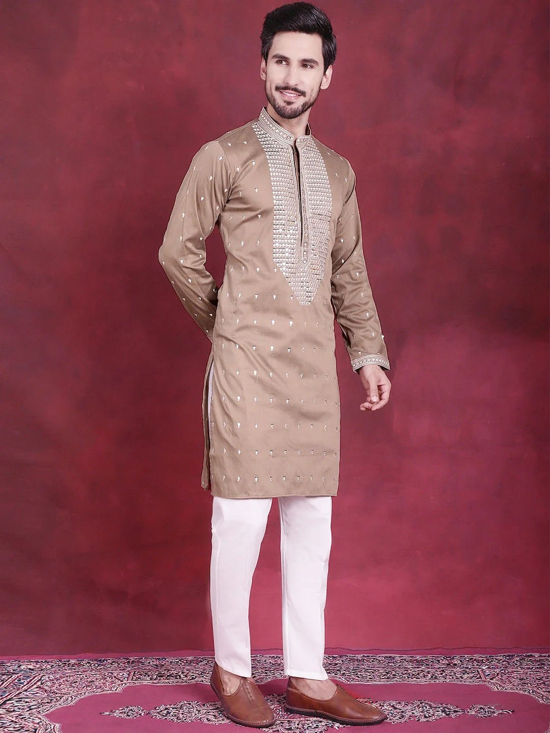 Beige Men's Kurta: Sequins Embroidered Indian Kurta for Men
