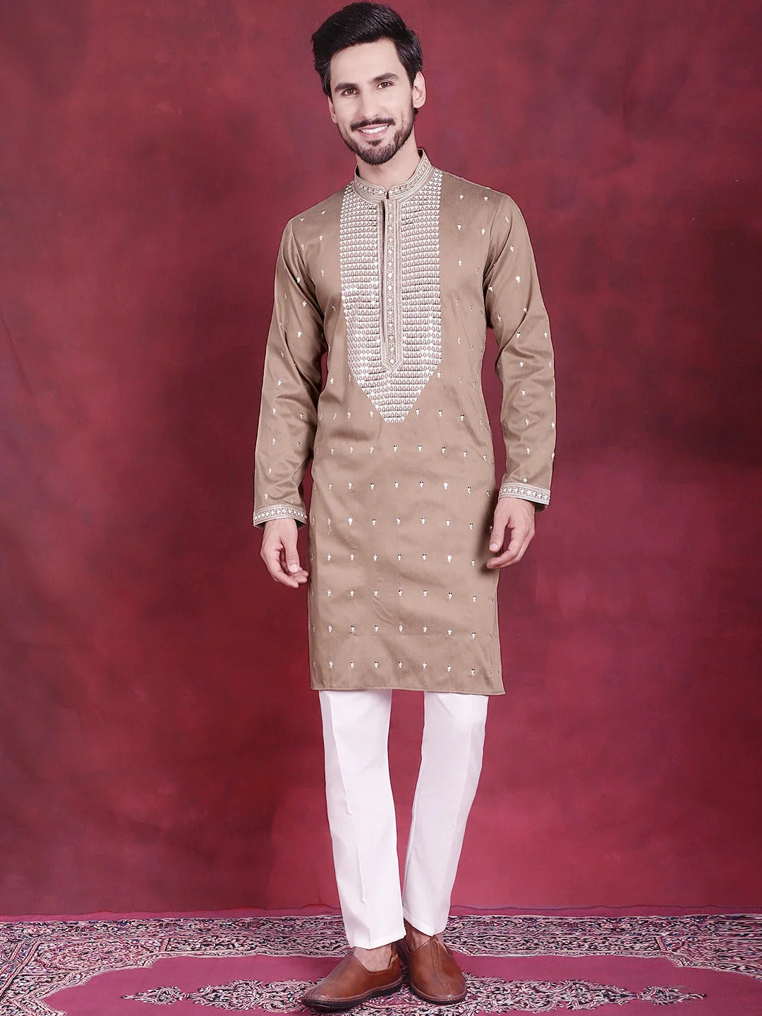 Beige Men's Kurta: Sequins Embroidered Indian Kurta for Men