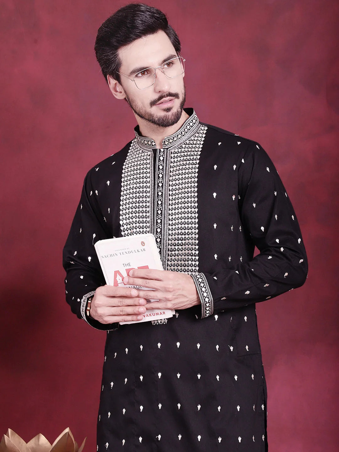Black Men's Kurta: Sequins Embroidered Indian Kurta for Men