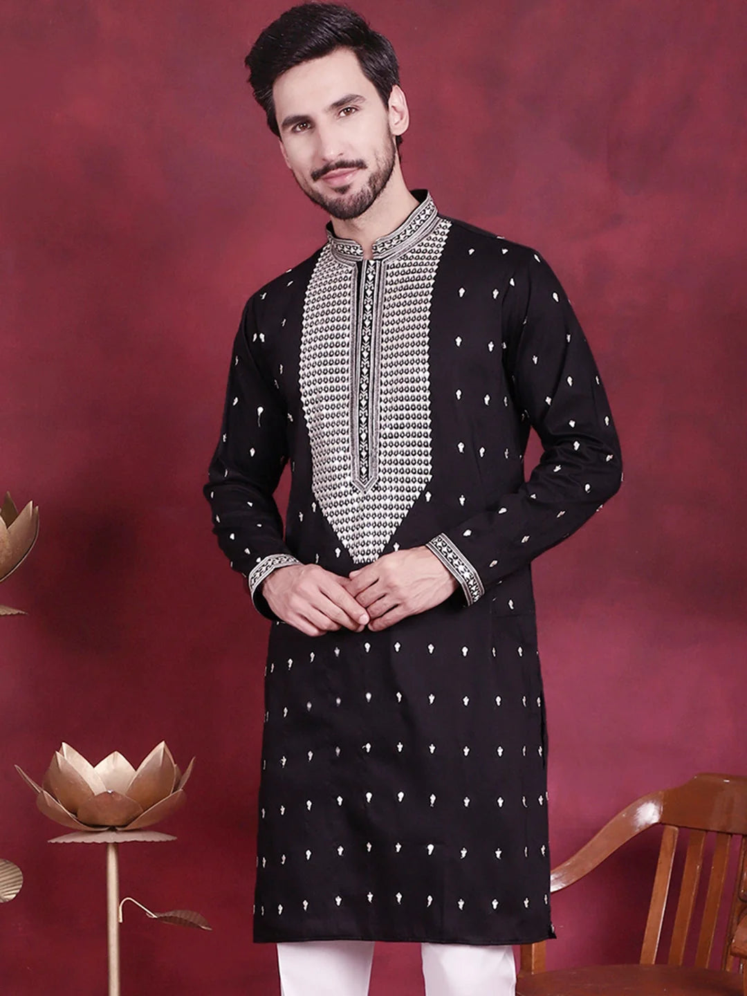 Black Men's Kurta: Sequins Embroidered Indian Kurta for Men