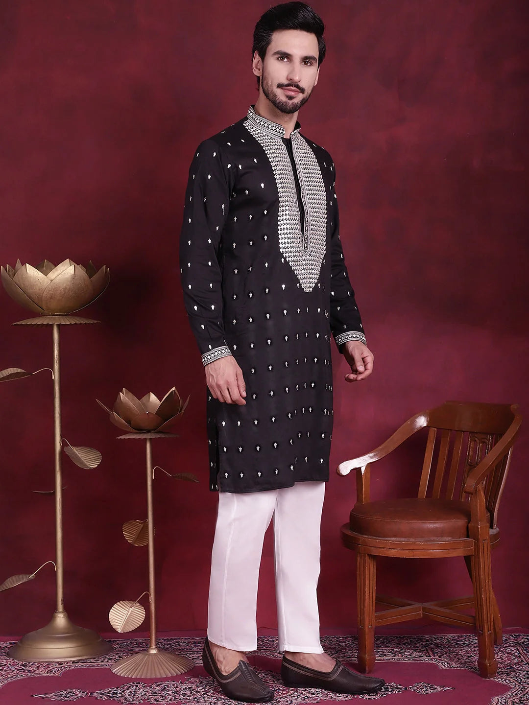 Black Men's Kurta: Sequins Embroidered Indian Kurta for Men