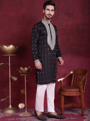 Men's Sequins Embroidered Kurtas. ( KO 5019 Black )
