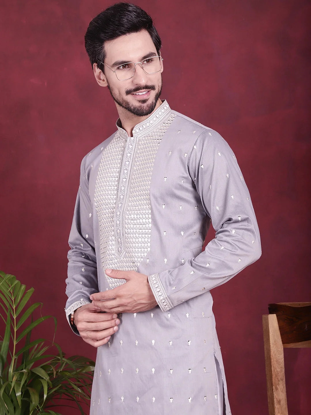 Grey Men's Kurta: Sequins Embroidered Indian Kurta for Men