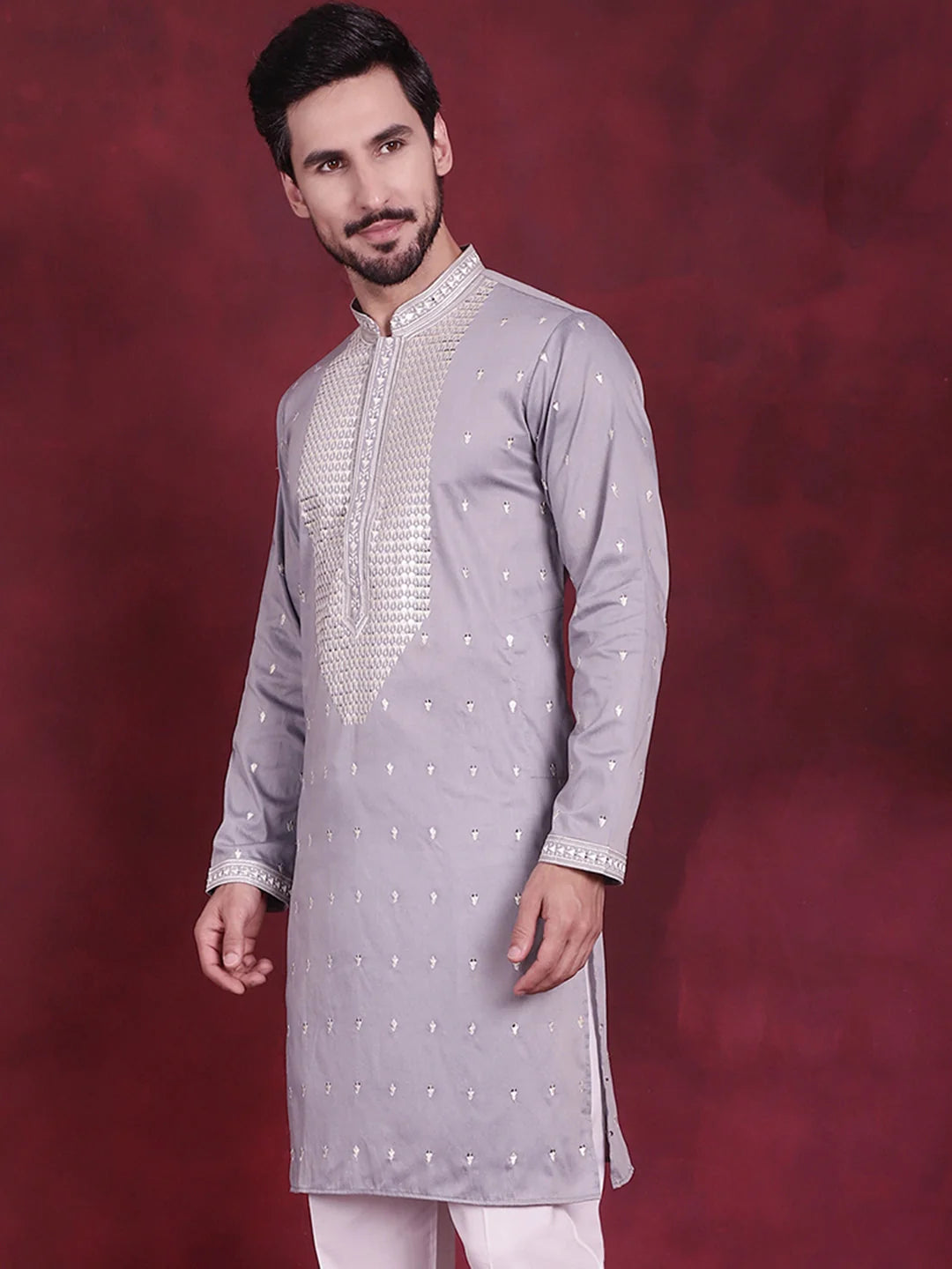Grey Men's Kurta: Sequins Embroidered Indian Kurta for Men