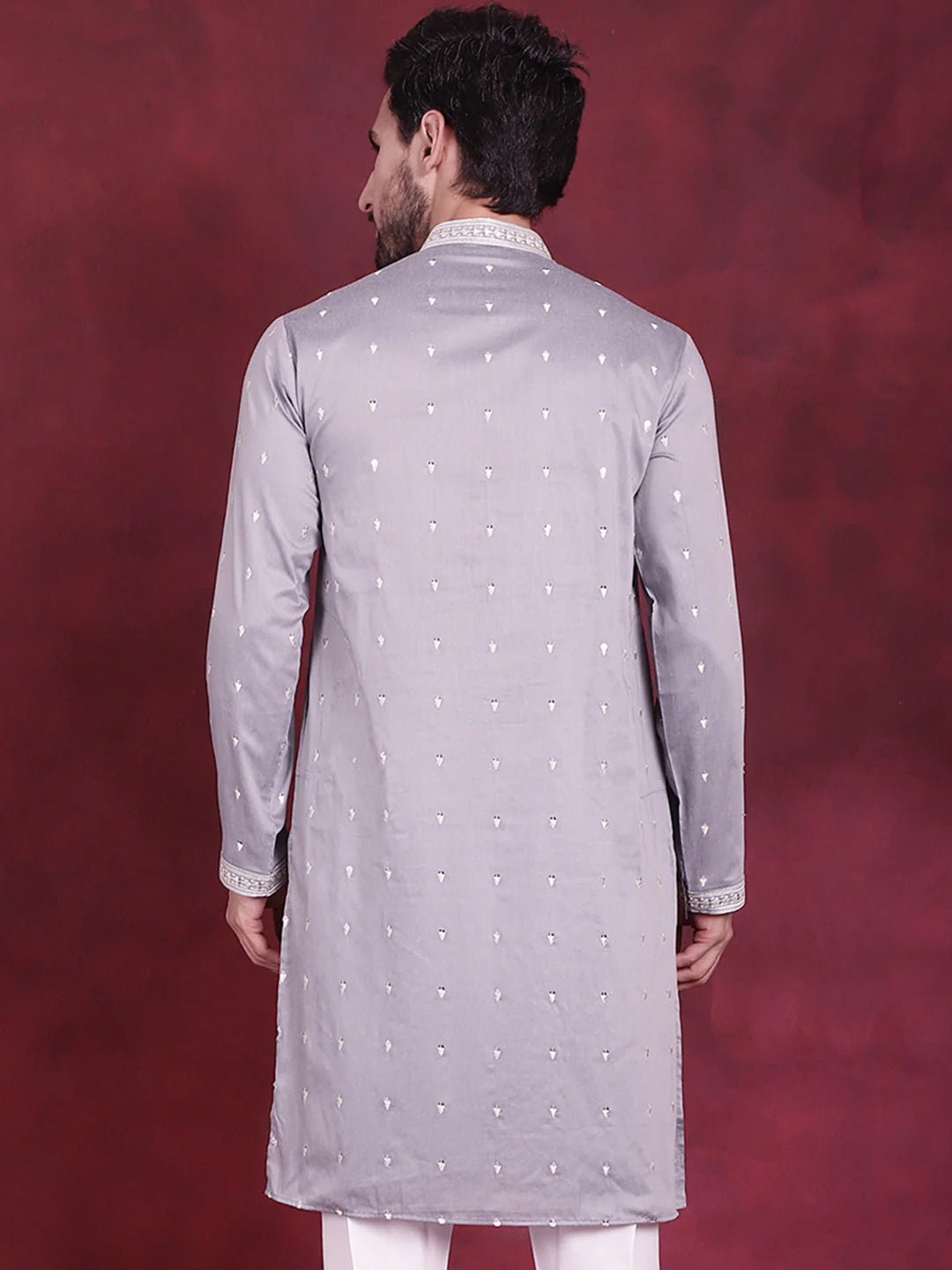 Grey Men's Kurta: Sequins Embroidered Indian Kurta for Men