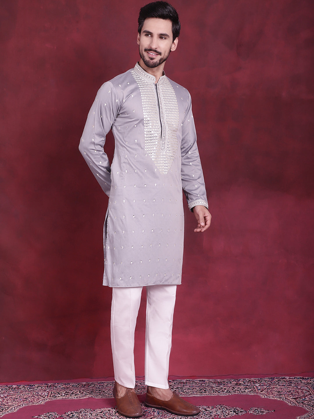Grey Men's Kurta: Sequins Embroidered Indian Kurta for Men